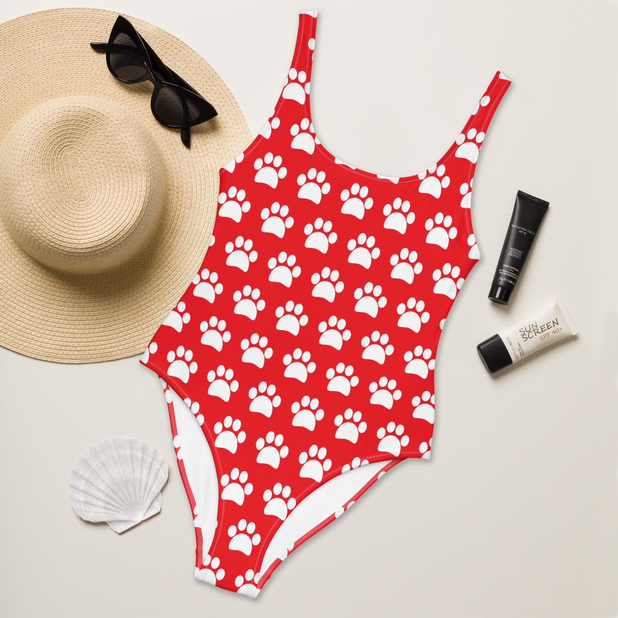 Women's Red Paw Print Buttery Soft Swimsuit With UPF 50+