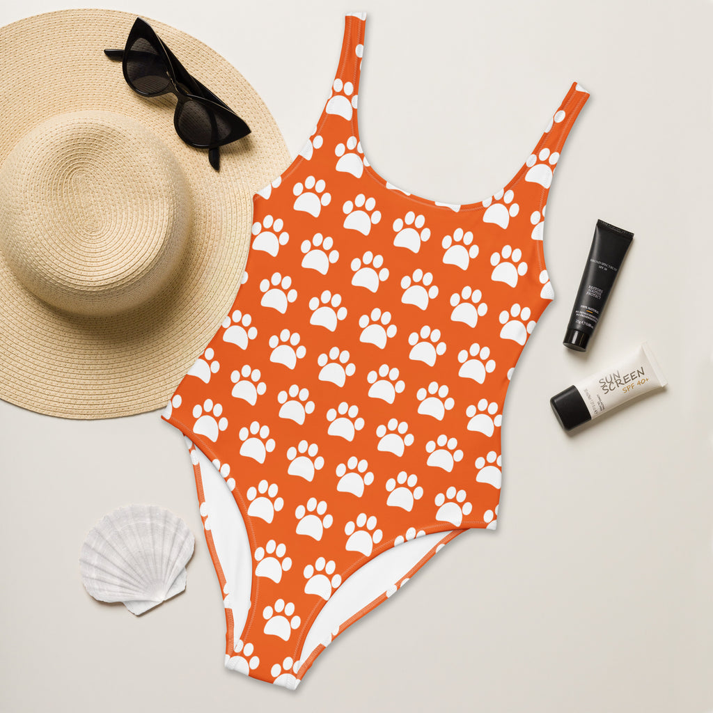 Women's Orange Paw Print Buttery Soft Swimsuit With UPF 50+