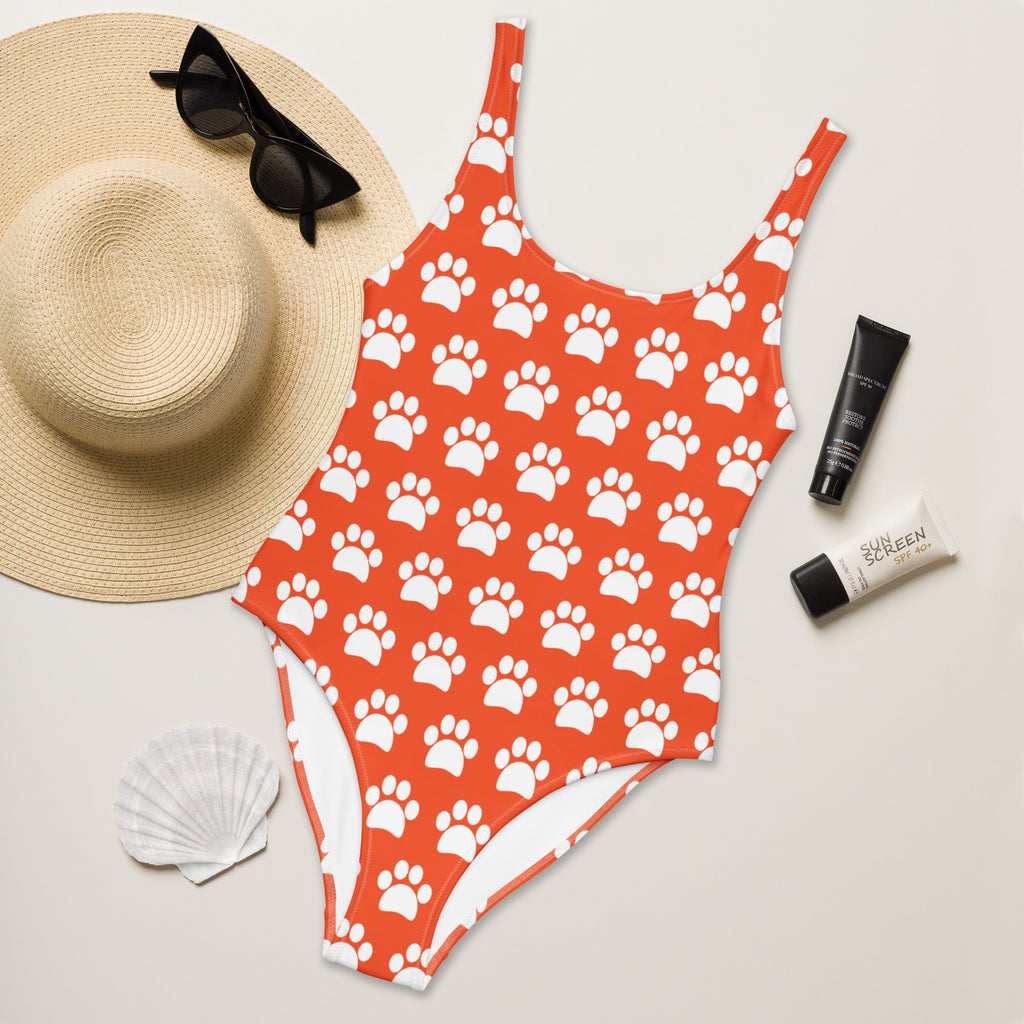 Women's Bright Orange Paw Print Buttery Soft Swimsuit With UPF 50+
