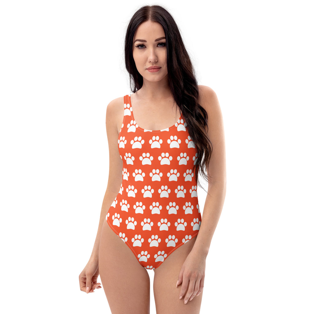 Women's Bright Orange Paw Print Buttery Soft Swimsuit With UPF 50+