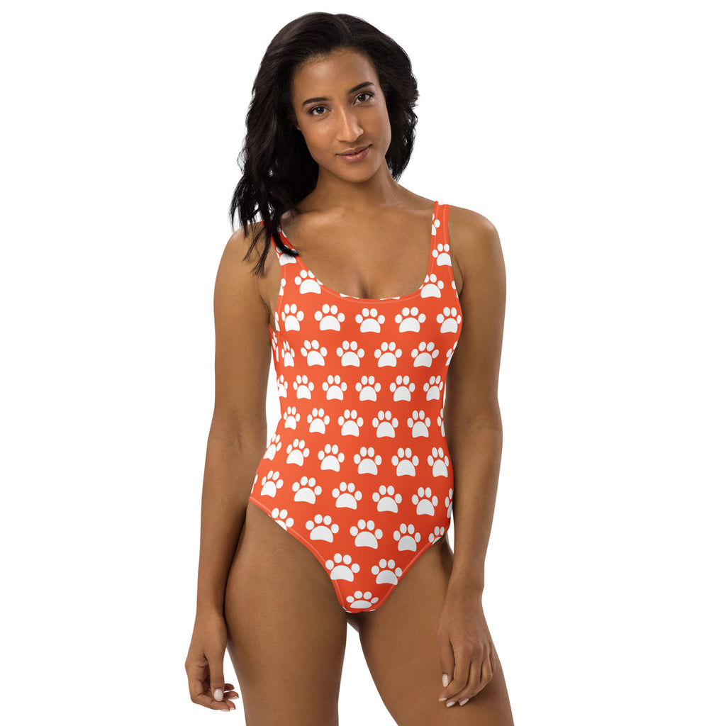 Women's Bright Orange Paw Print Buttery Soft Swimsuit With UPF 50+