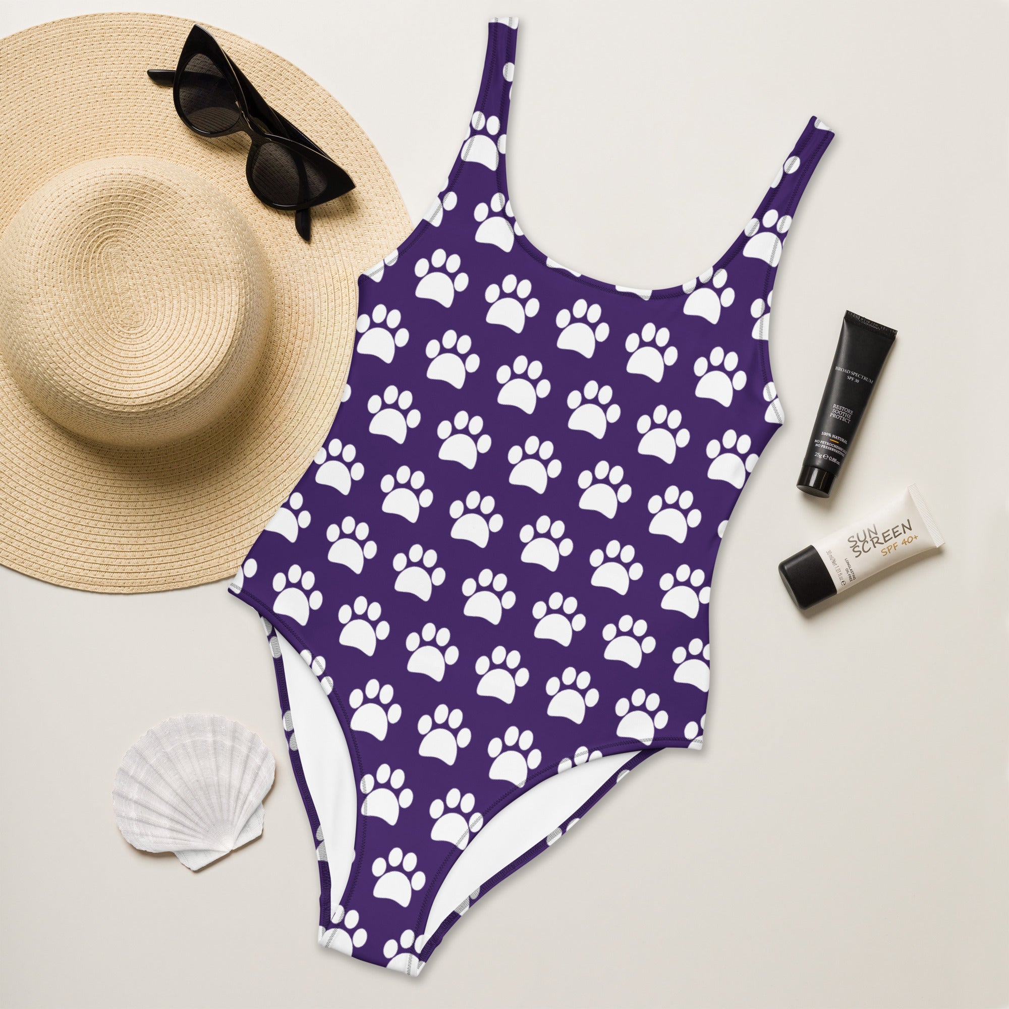 Women's Dark Purple Paw Print Buttery Soft Swimsuit With UPF 50+