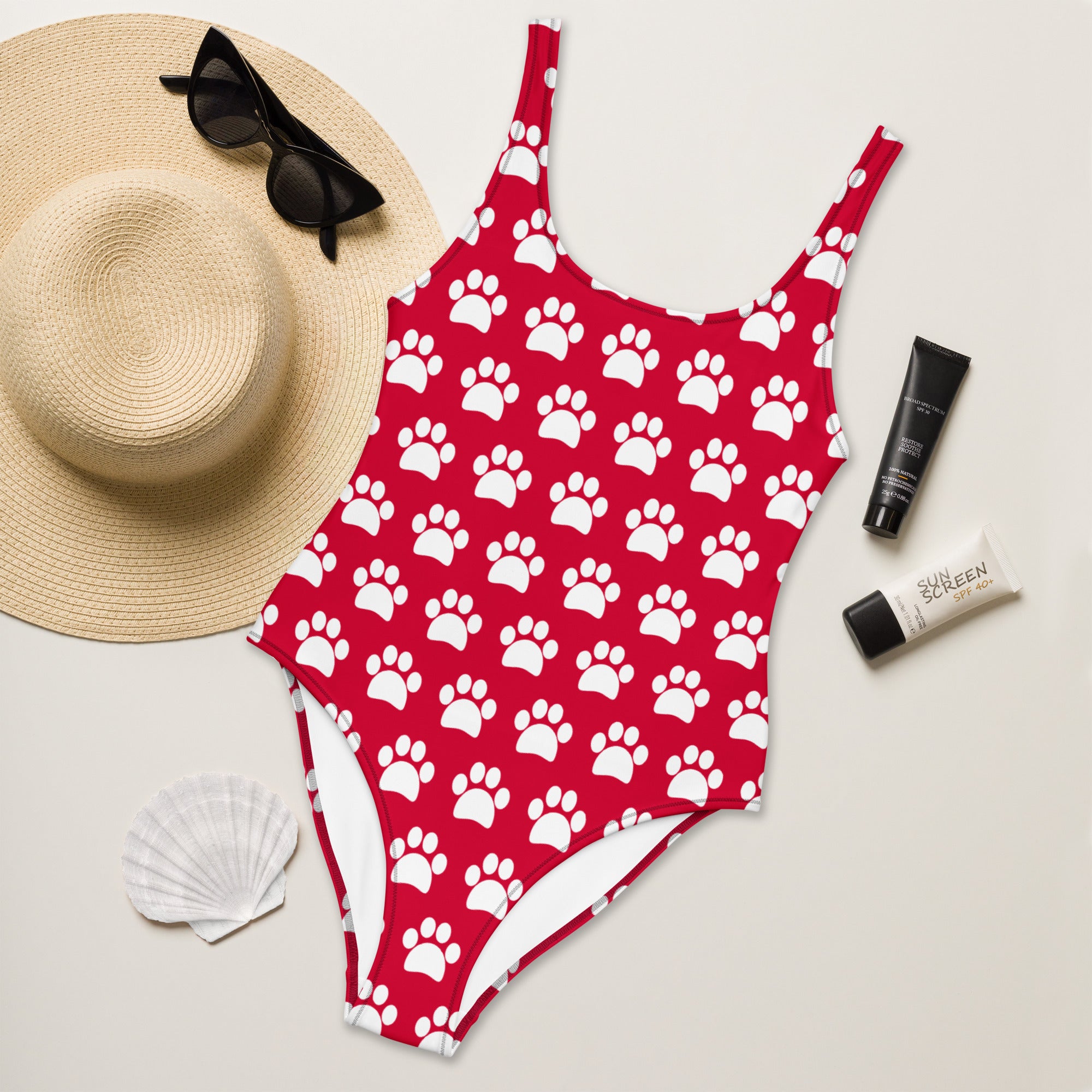 Women's Cherry Red Paw Print Buttery Soft Swimsuit With UPF 50+