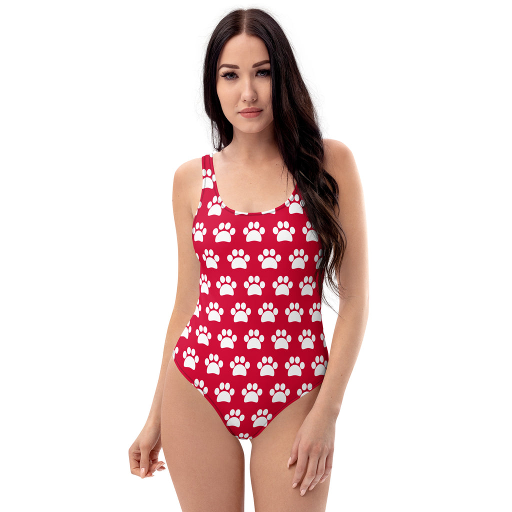 Women's Cherry Red Paw Print Buttery Soft Swimsuit With UPF 50+