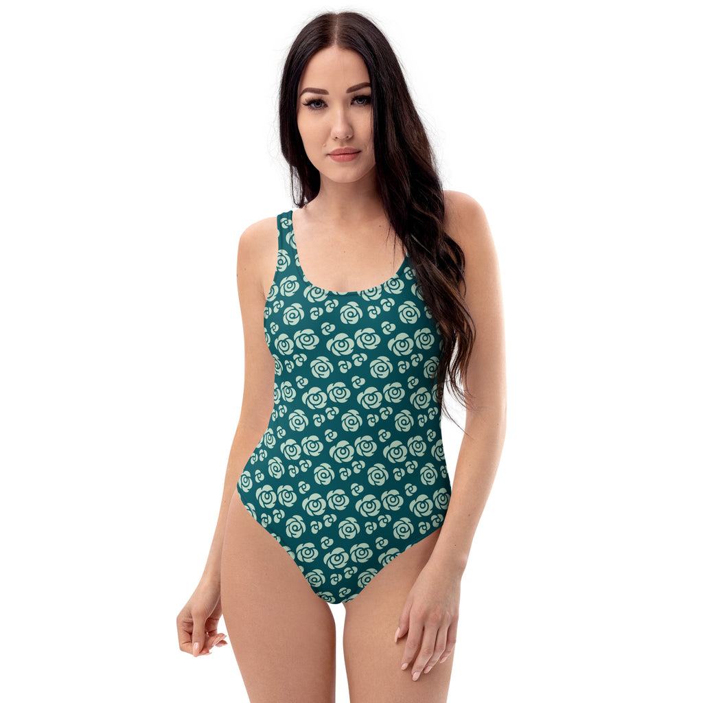 Women's Teal Rose Pattern Buttery Soft Swimsuit With UPF 50+