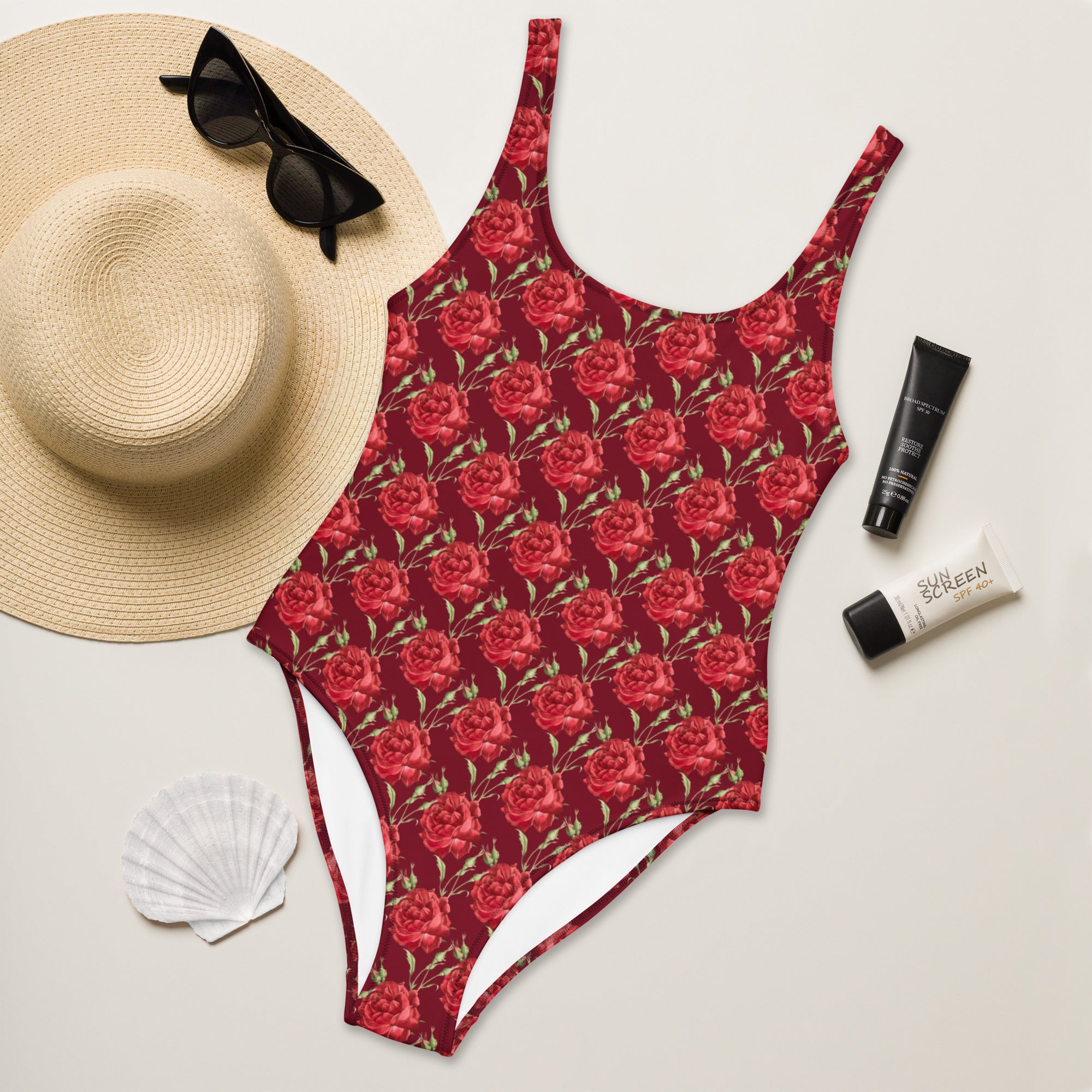 Women's Red Rose Floral Buttery Soft Swimsuit With UPF 50+