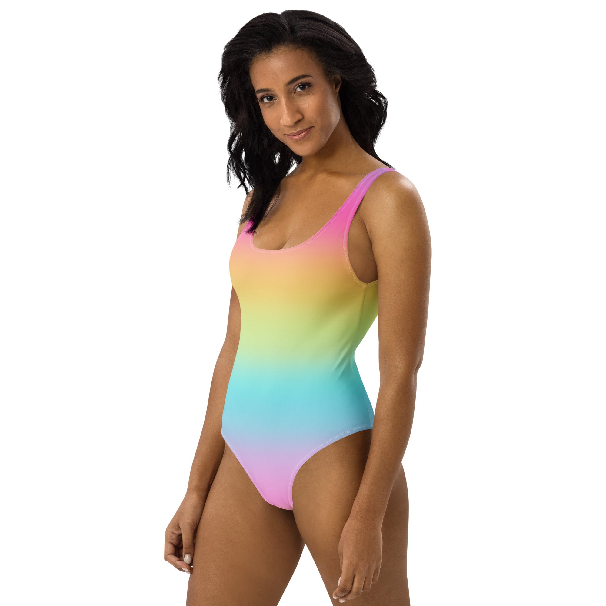 A vibrant rainbow gradient one-piece women’s swimsuit in buttery soft fabric with UPF 50 plus sun protection