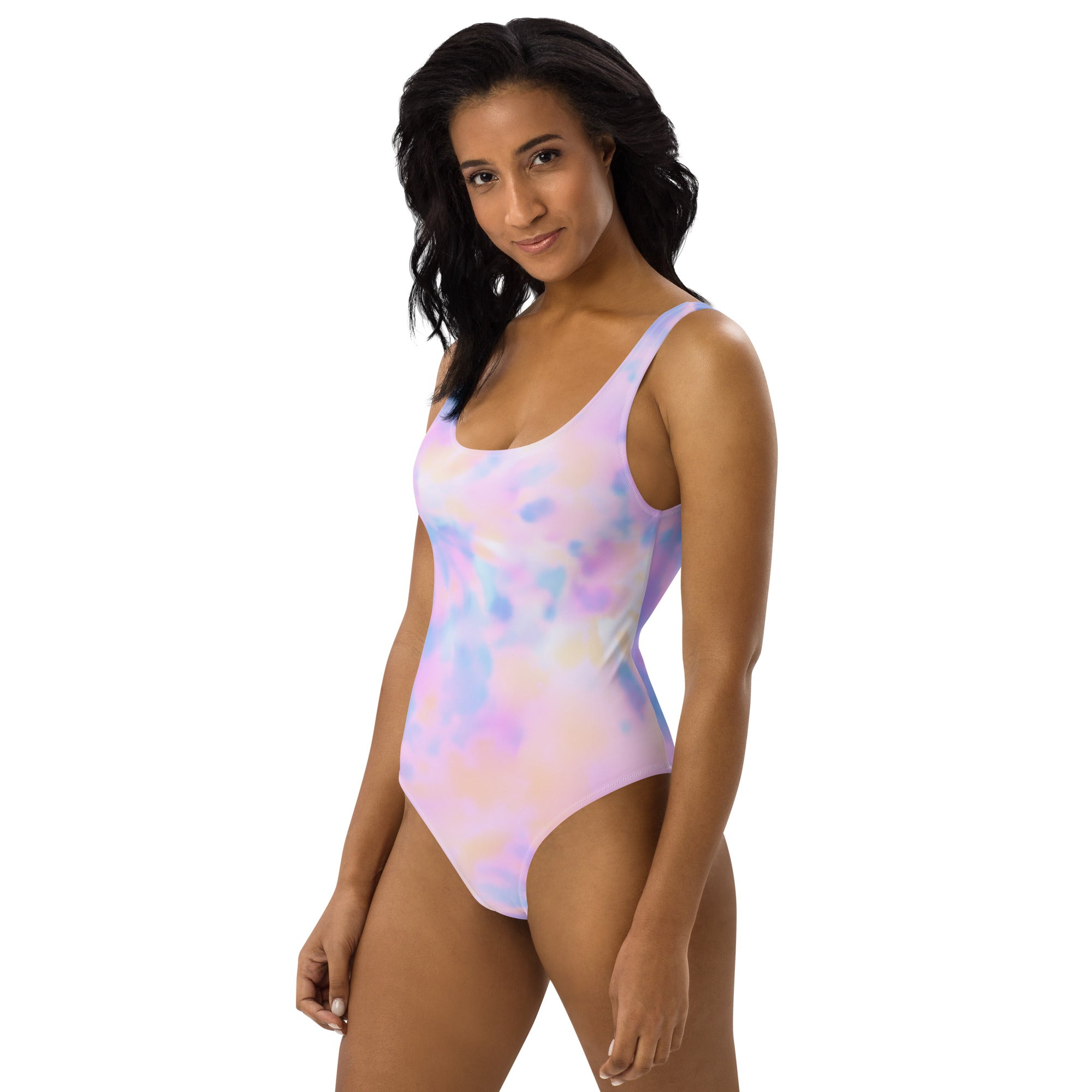 Pastel tie-dye one-piece swimsuit with soft lavender pink and blue swirls buttery soft fabric with upf 50+ protection