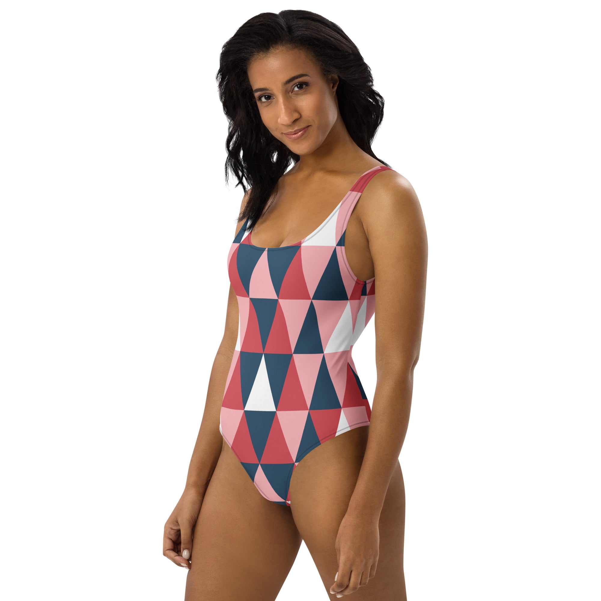 Women’s one-piece swimsuit with geometric triangle pattern in pink navy and white buttery soft fabric upf 50+