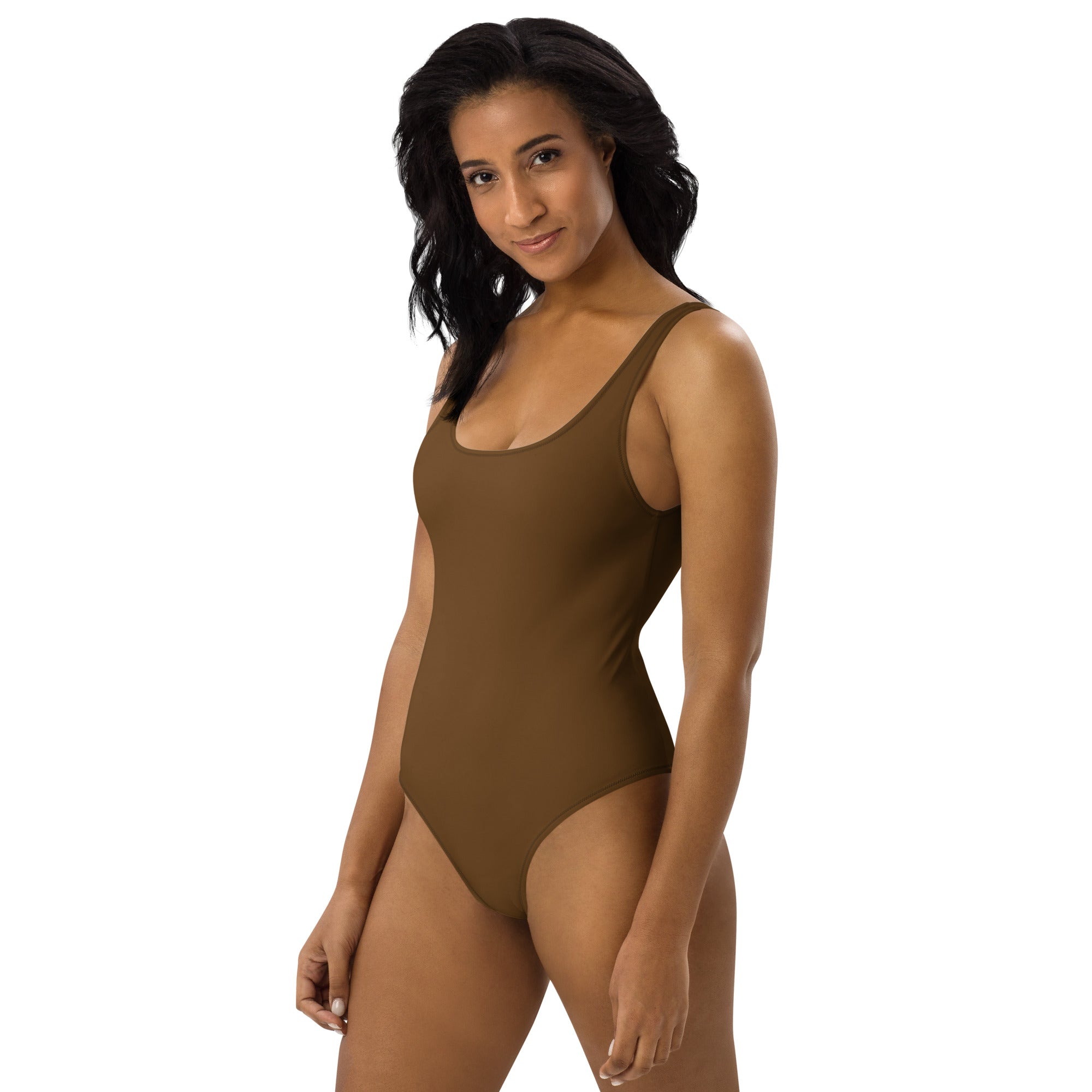 Women’s brown buttery soft one-piece swimsuit with upf 50+ featuring a sleek scoop neckline and thin straps