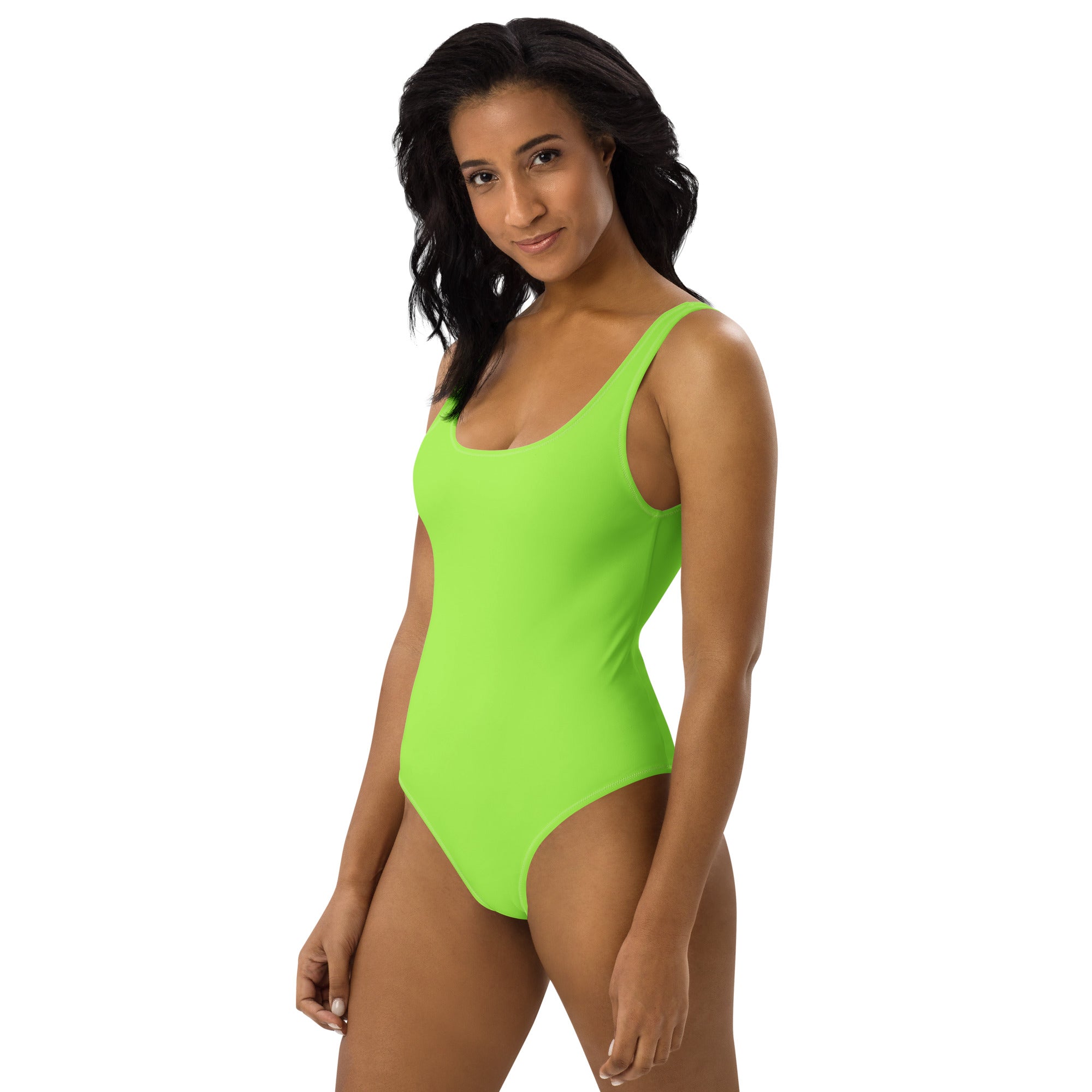 A vibrant lime green buttery soft one-piece swimsuit with thin straps scoop neckline and UPF 50+ sun protection