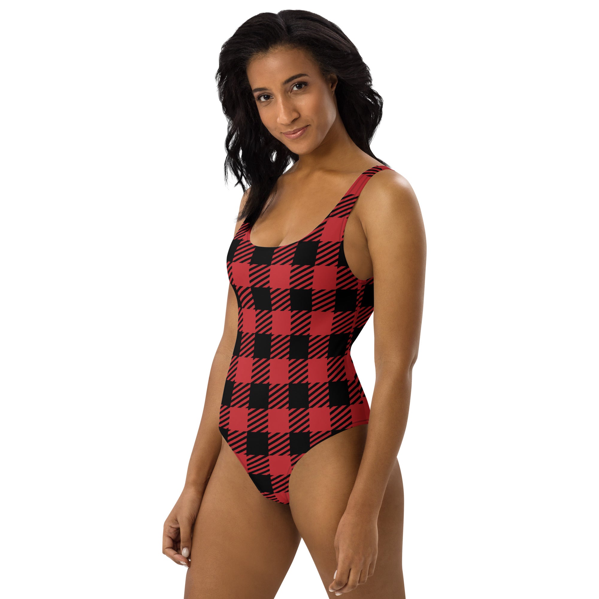Women’s red and black buffalo plaid one-piece swimsuit with thin straps buttery soft fabric and upf 50 plus protection