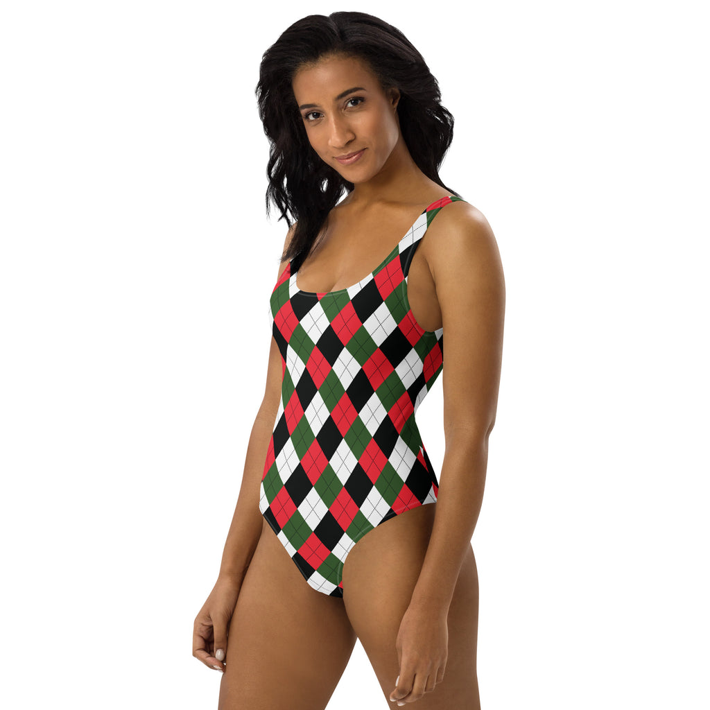 Women’s Christmas argyle buttery soft swimsuit in red green and black with white accents and UPF 50 plus protection
