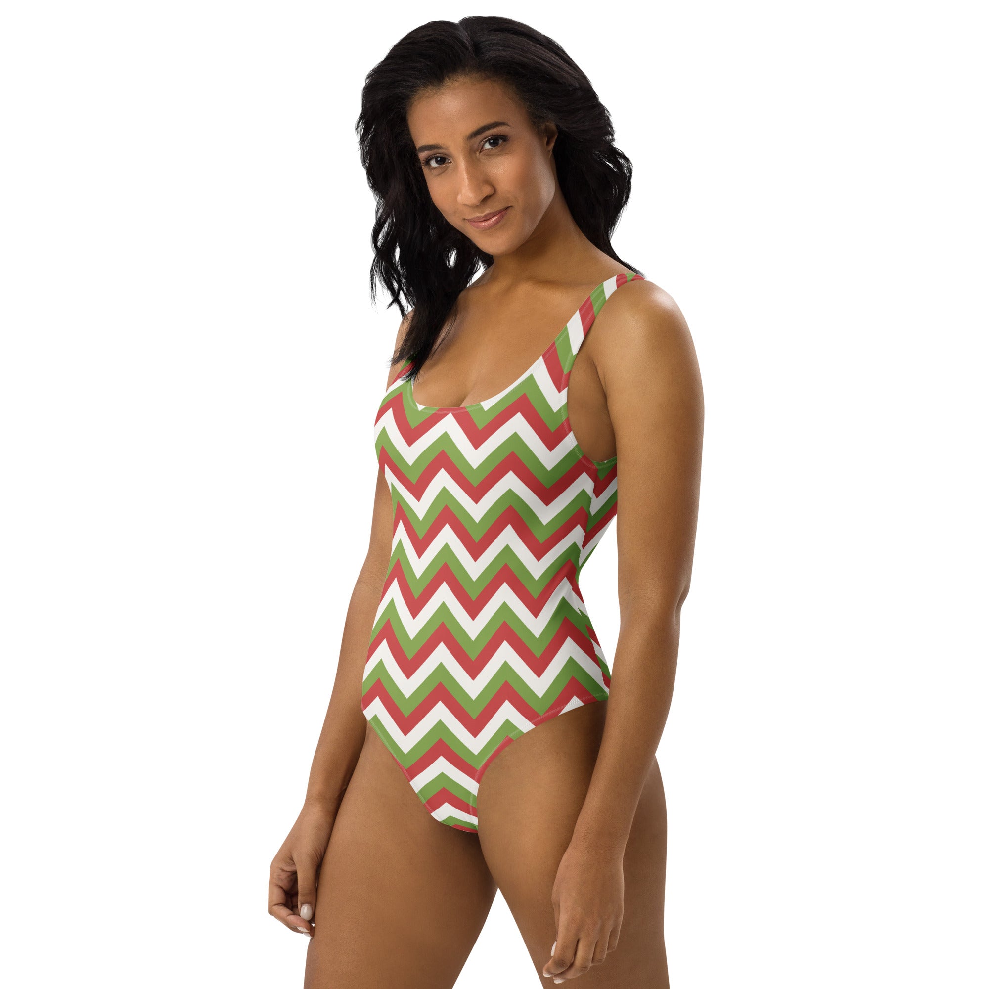 Women’s red and green chevron buttery soft one-piece swimsuit with thin straps and UPF 50 plus sun protection