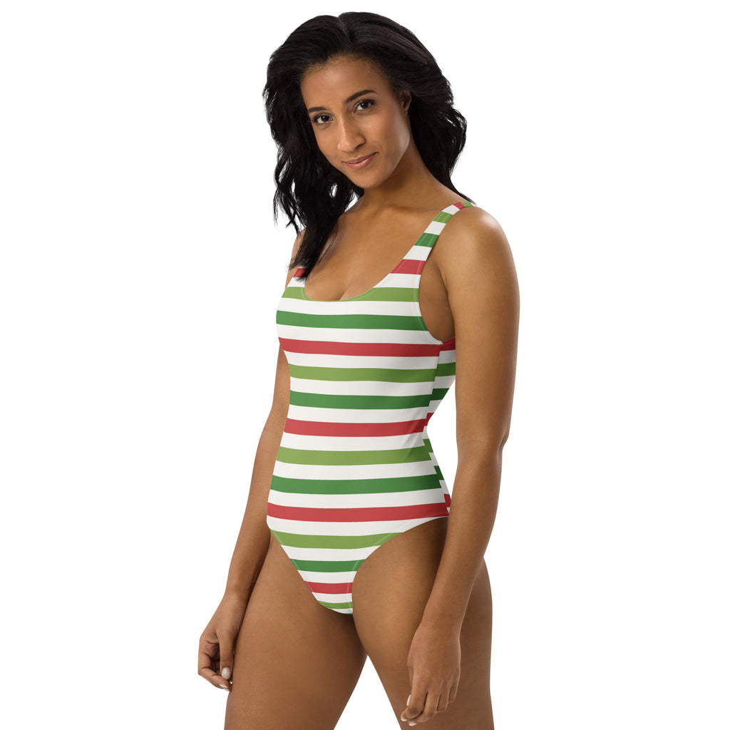 Women’s striped Christmas buttery soft one-piece swimsuit with red green and white horizontal stripes and UPF 50+ protection