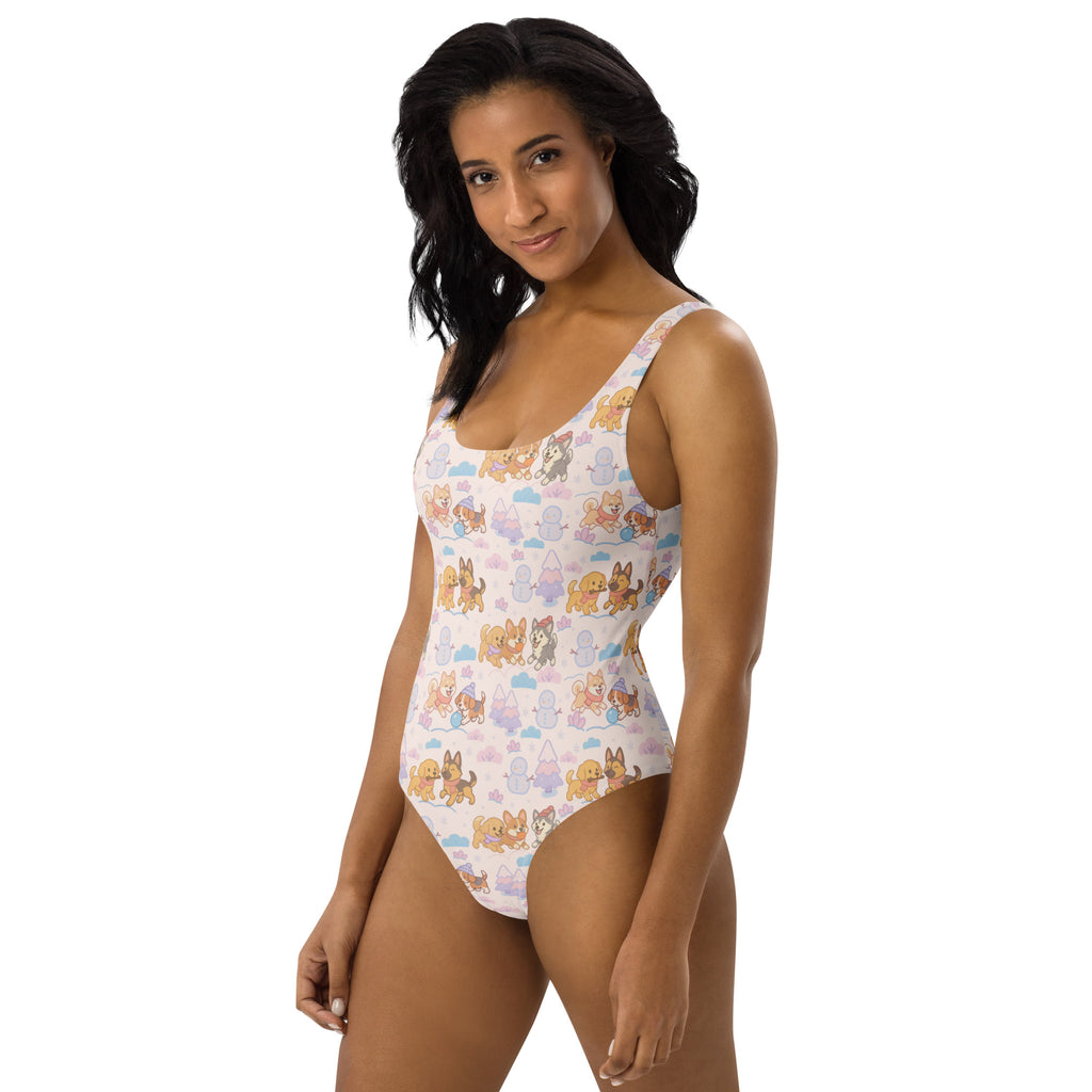 White one-piece buttery soft swimsuit for women with cartoon dogs clouds and rainbows pattern and UPF 50 plus protection