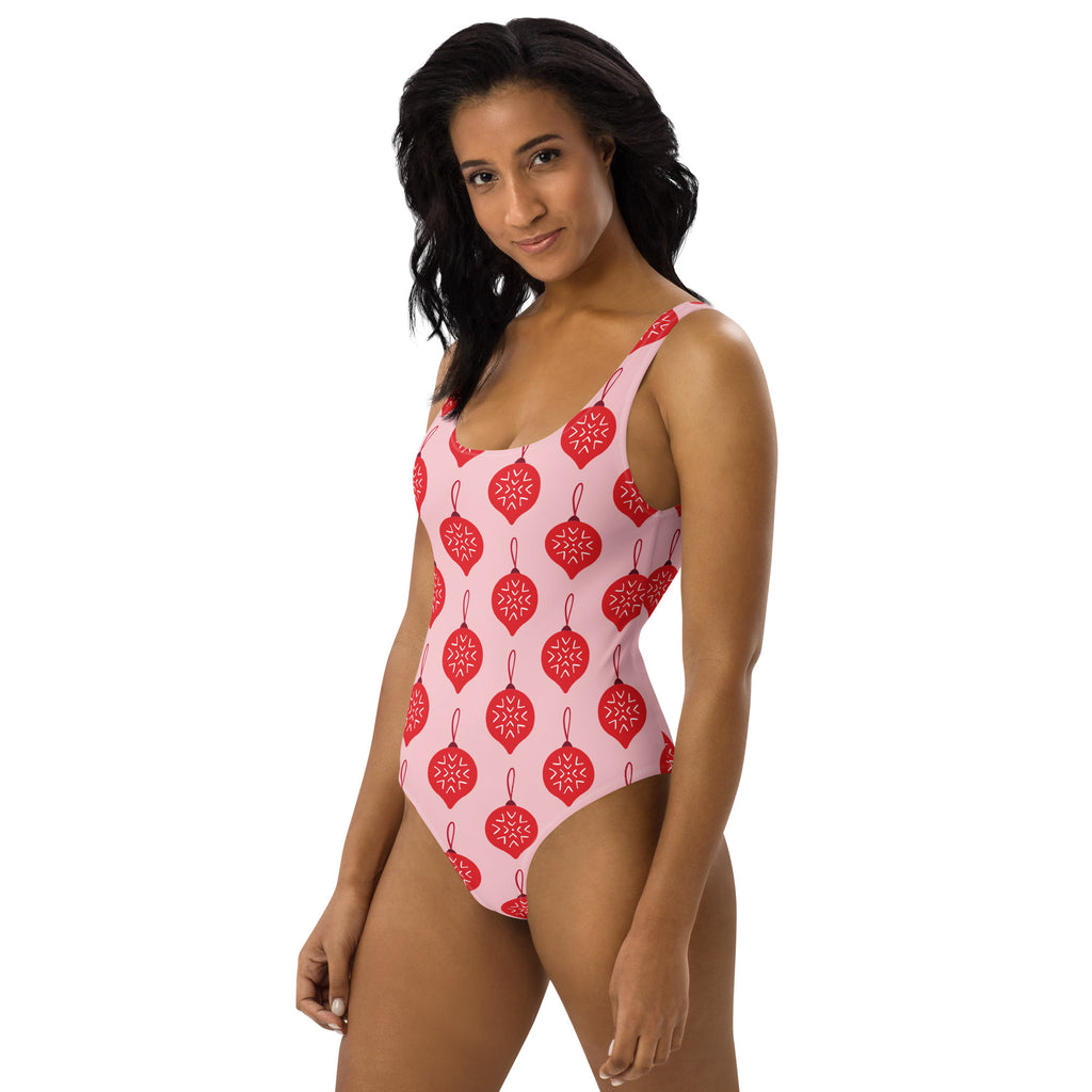 Women's Pink Christmas Ornament Buttery Soft Swimsuit With UPF 50+