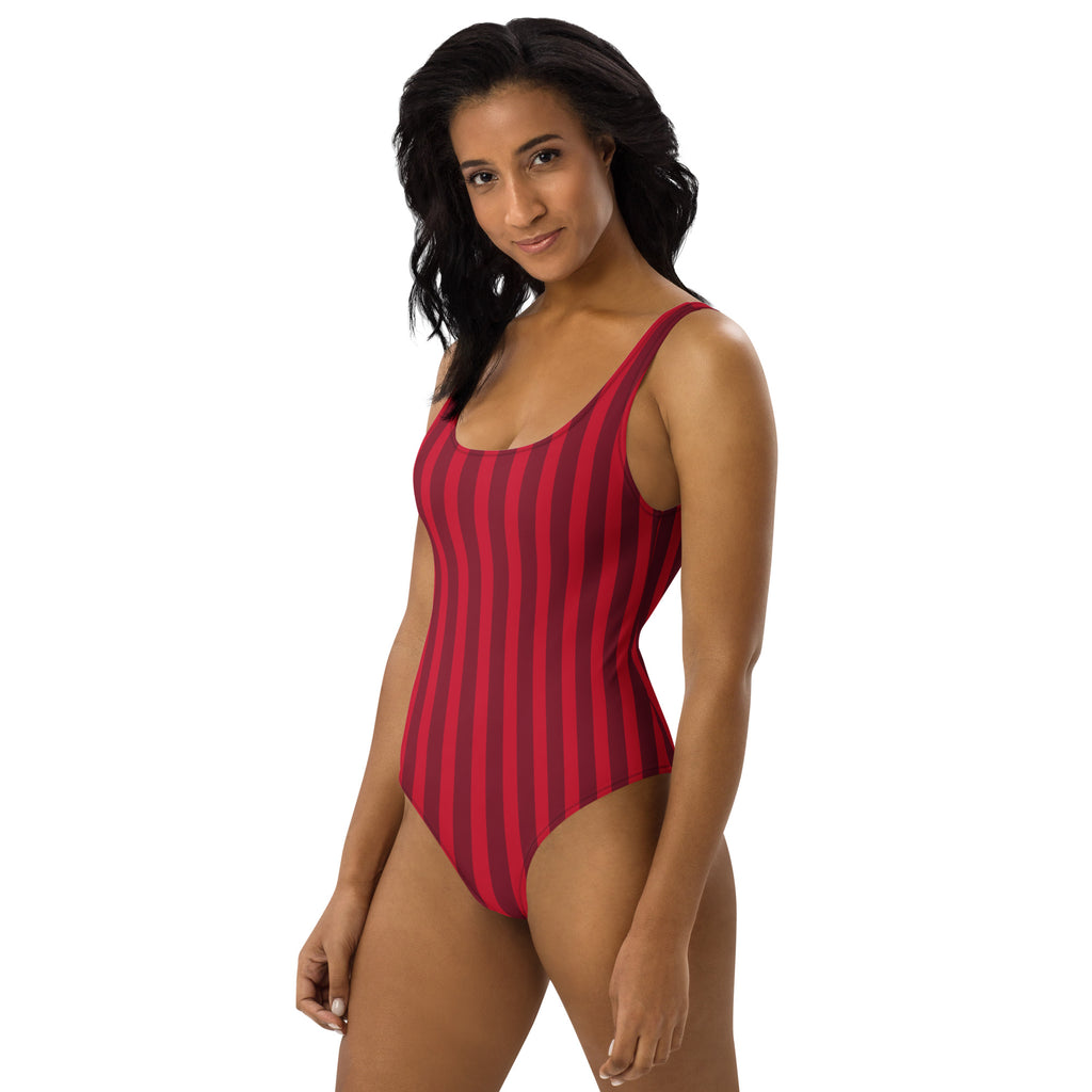 Women’s red candy cane stripe buttery soft one-piece swimsuit with UPF 50+ and scoop neckline thin straps