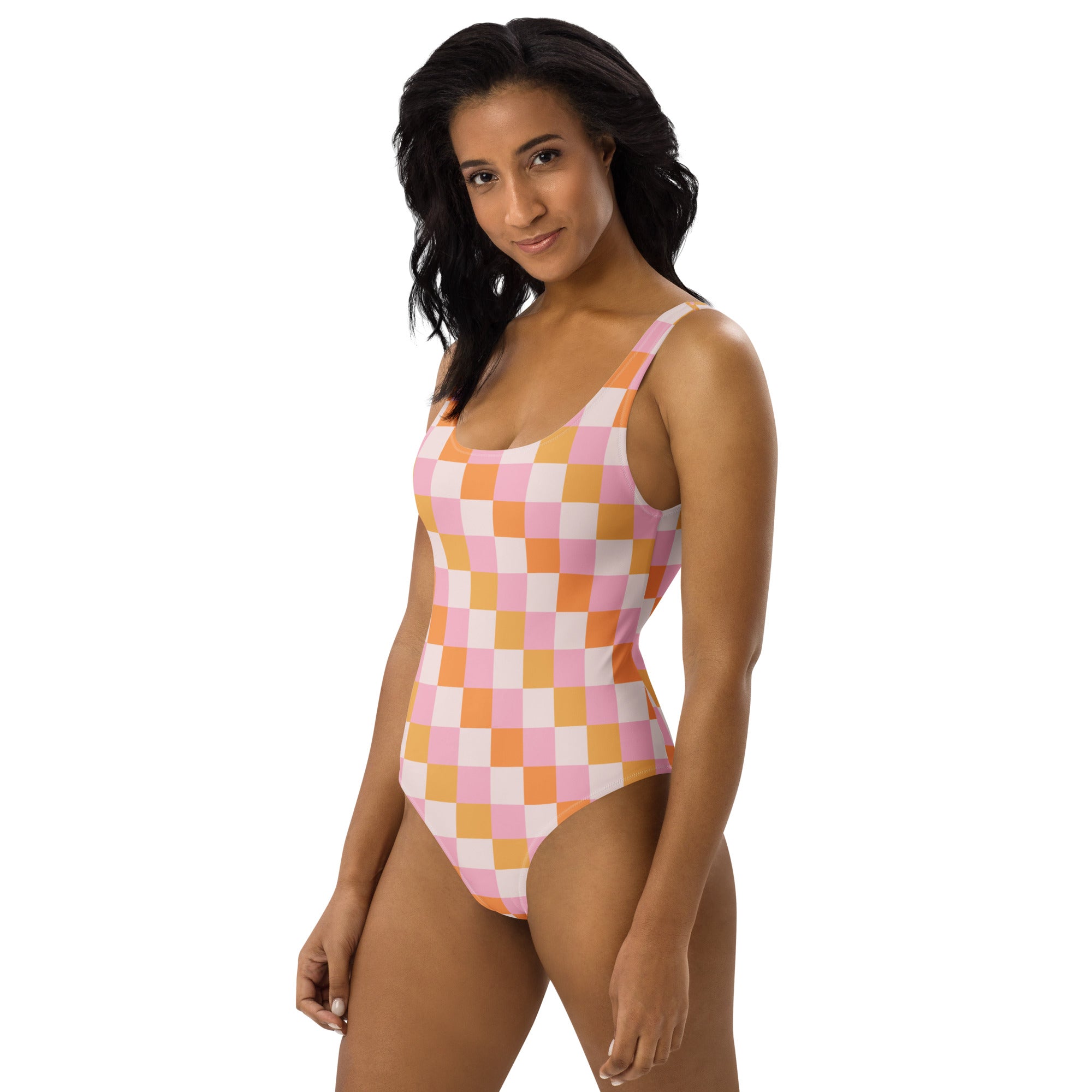 Women's Pastel Pink & Orange Checkerboard Buttery Soft Swimsuit With UPF 50+