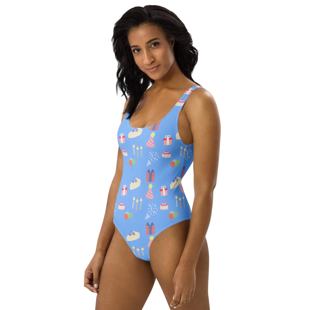 Women's Blue Birthday Party Buttery Soft Swimsuit With UPF 50+