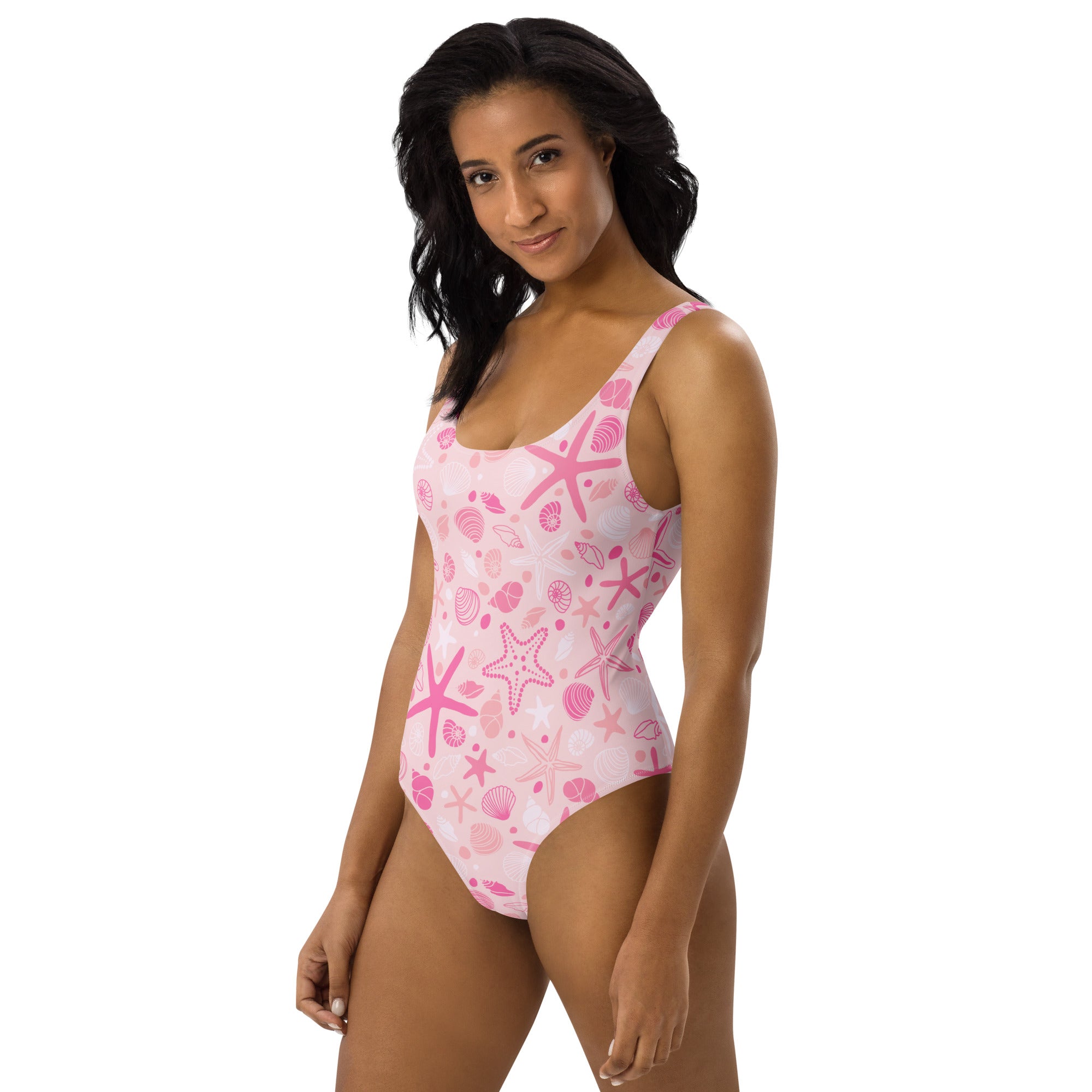Women's Pink Starfish & Shells Buttery Soft Swimsuit With UPF 50+