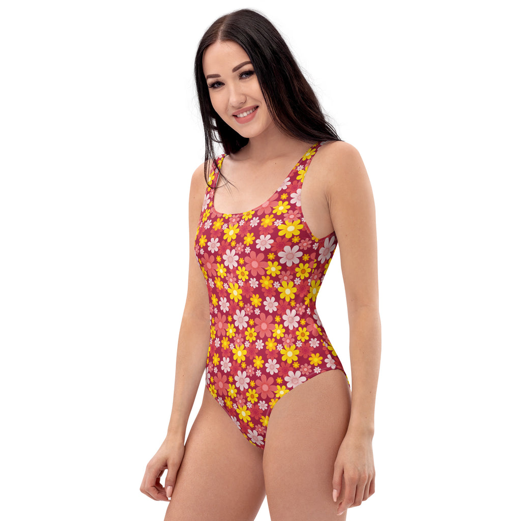 Women's Red Floral Buttery Soft Swimsuit With UPF 50+