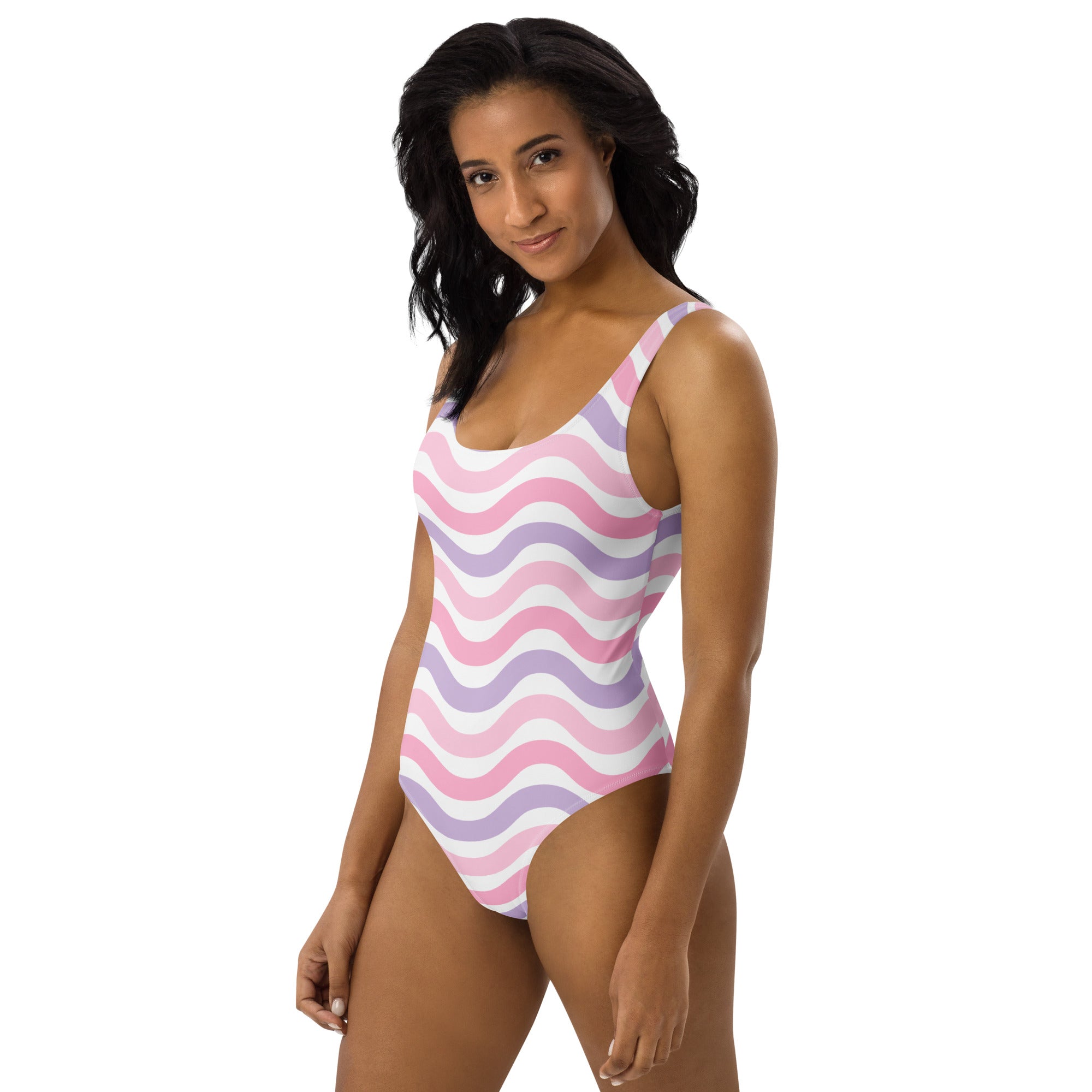 Women's Pink and Lavender Wavy Stripe Buttery Soft Swimsuit With UPF 50+