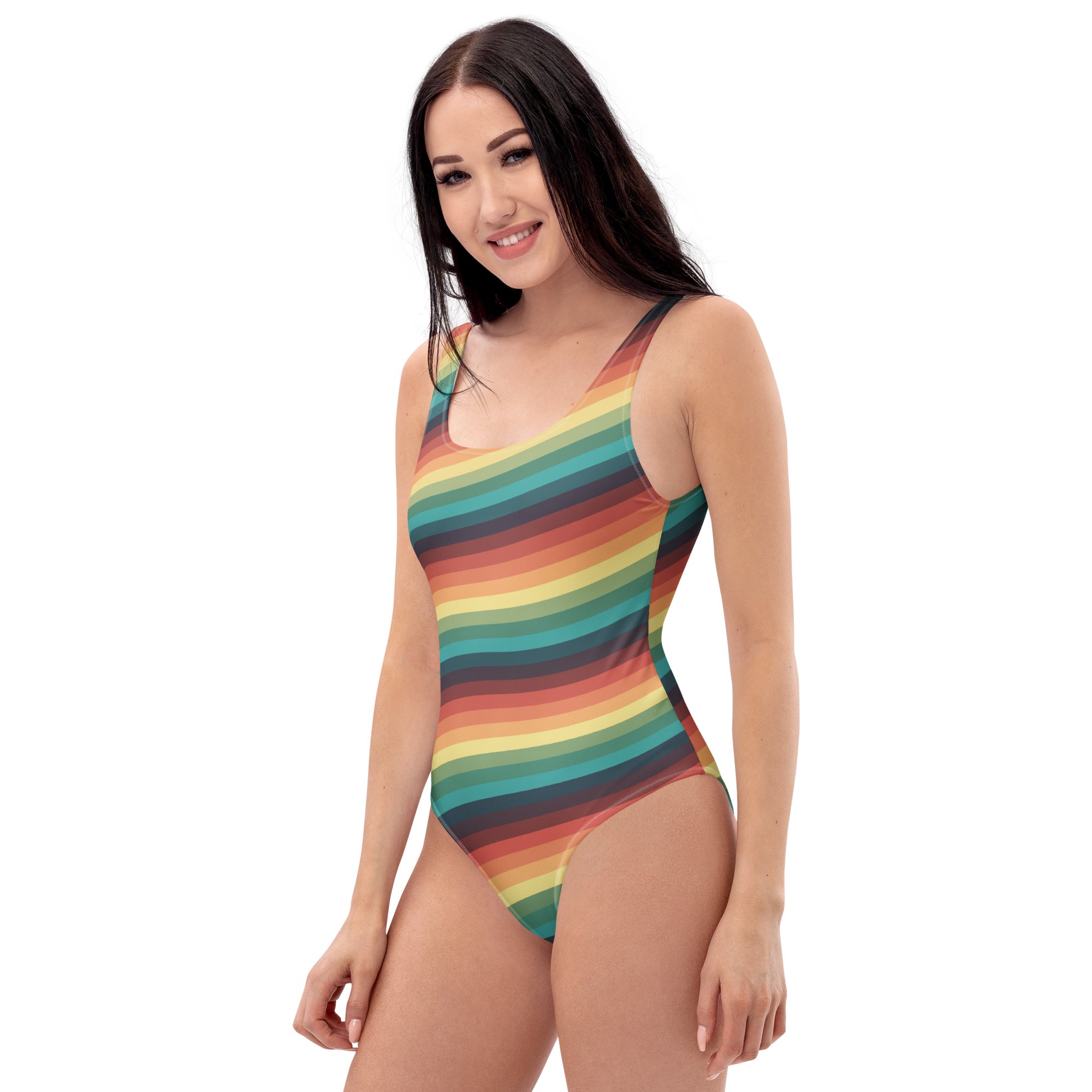 Women's Retro Rainbow Stripe Buttery Soft Swimsuit With UPF 50+