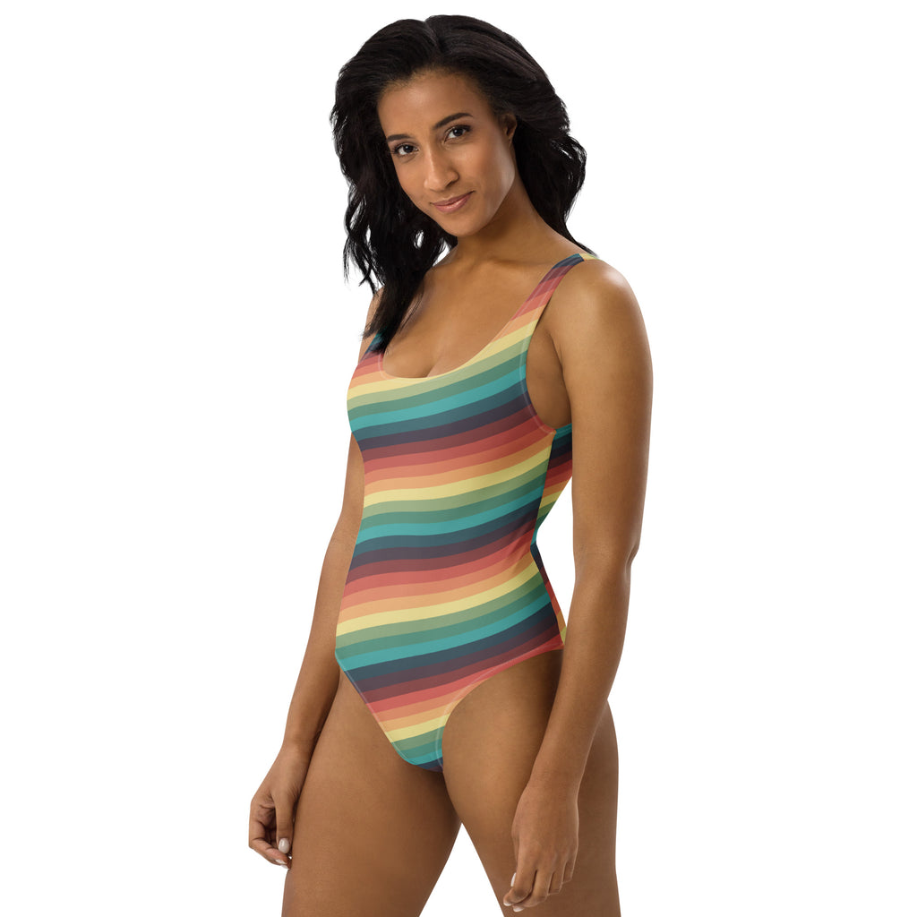 Women's Retro Rainbow Stripe Buttery Soft Swimsuit With UPF 50+