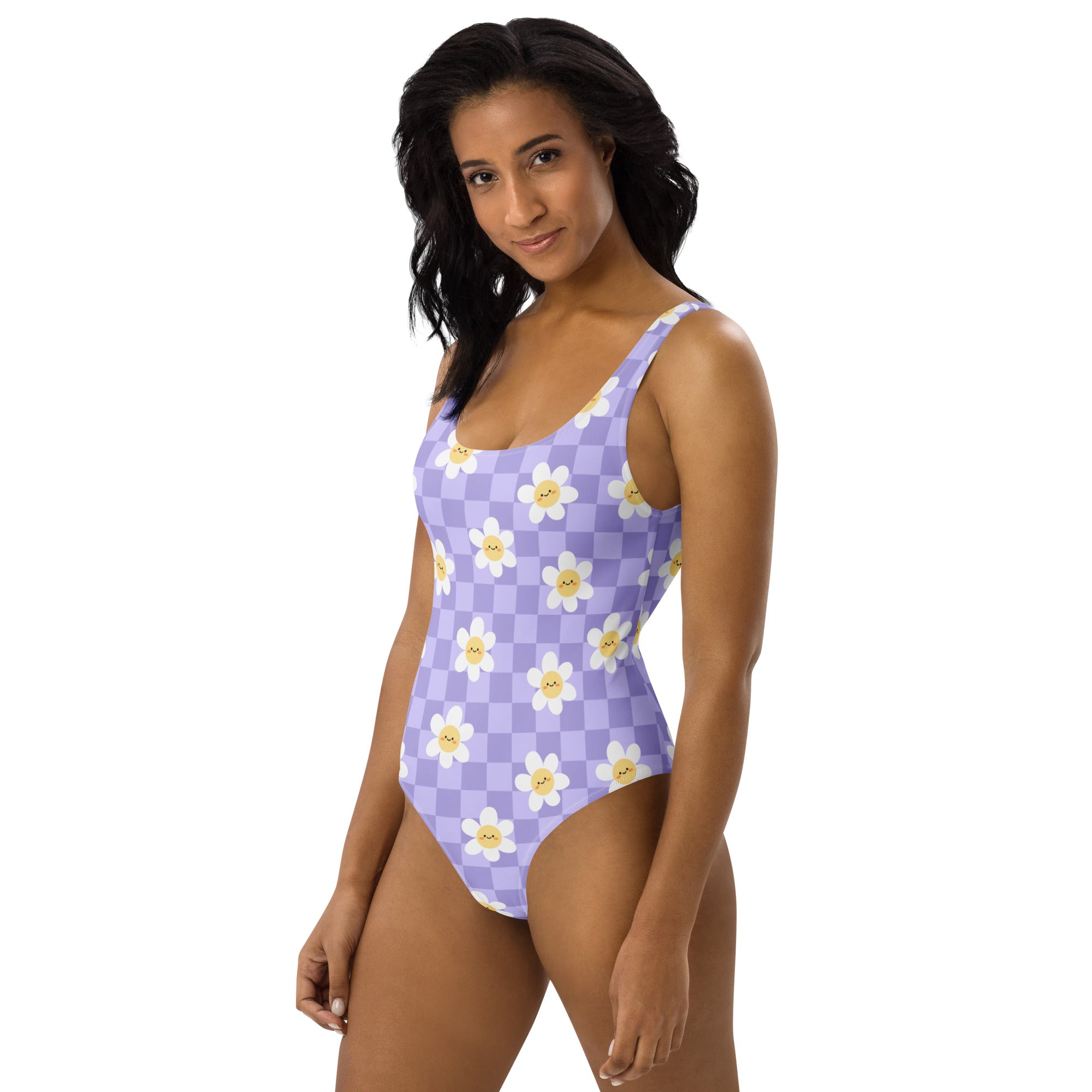 Women's Lavender Checkerboard Daisy Buttery Soft Swimsuit With UPF 50+