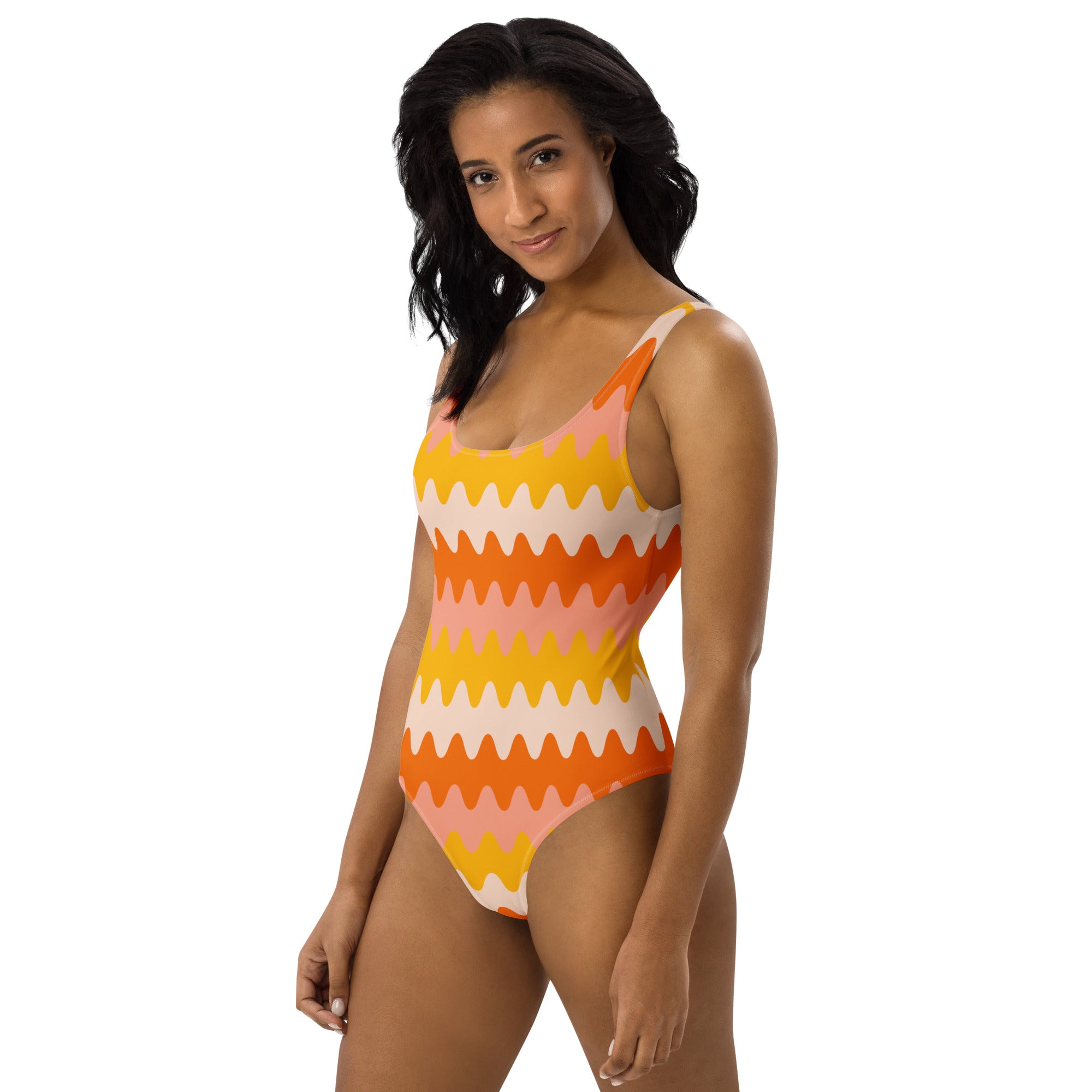 Women's Orange Retro Wavy Buttery Soft Swimsuit With UPF 50+