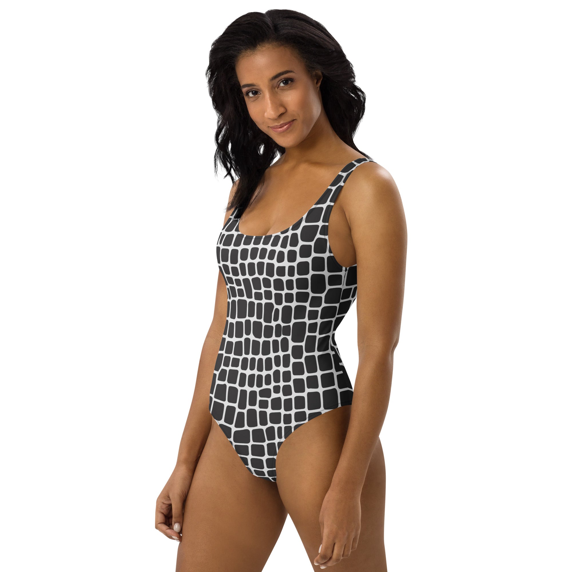 Women's Black and White Reptile Print Buttery Soft Swimsuit With UPF 50+