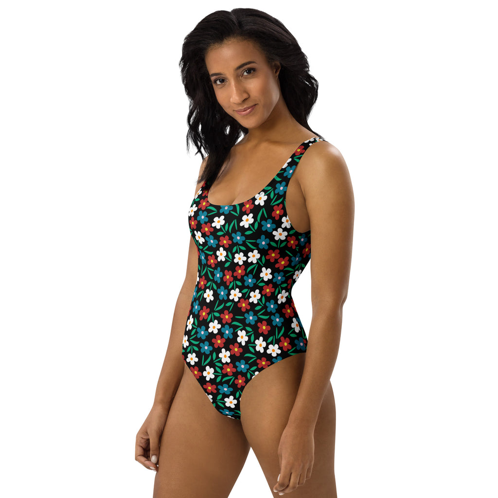 Women's Retro Colorful Floral Daisy Buttery Soft Swimsuit With UPF 50+