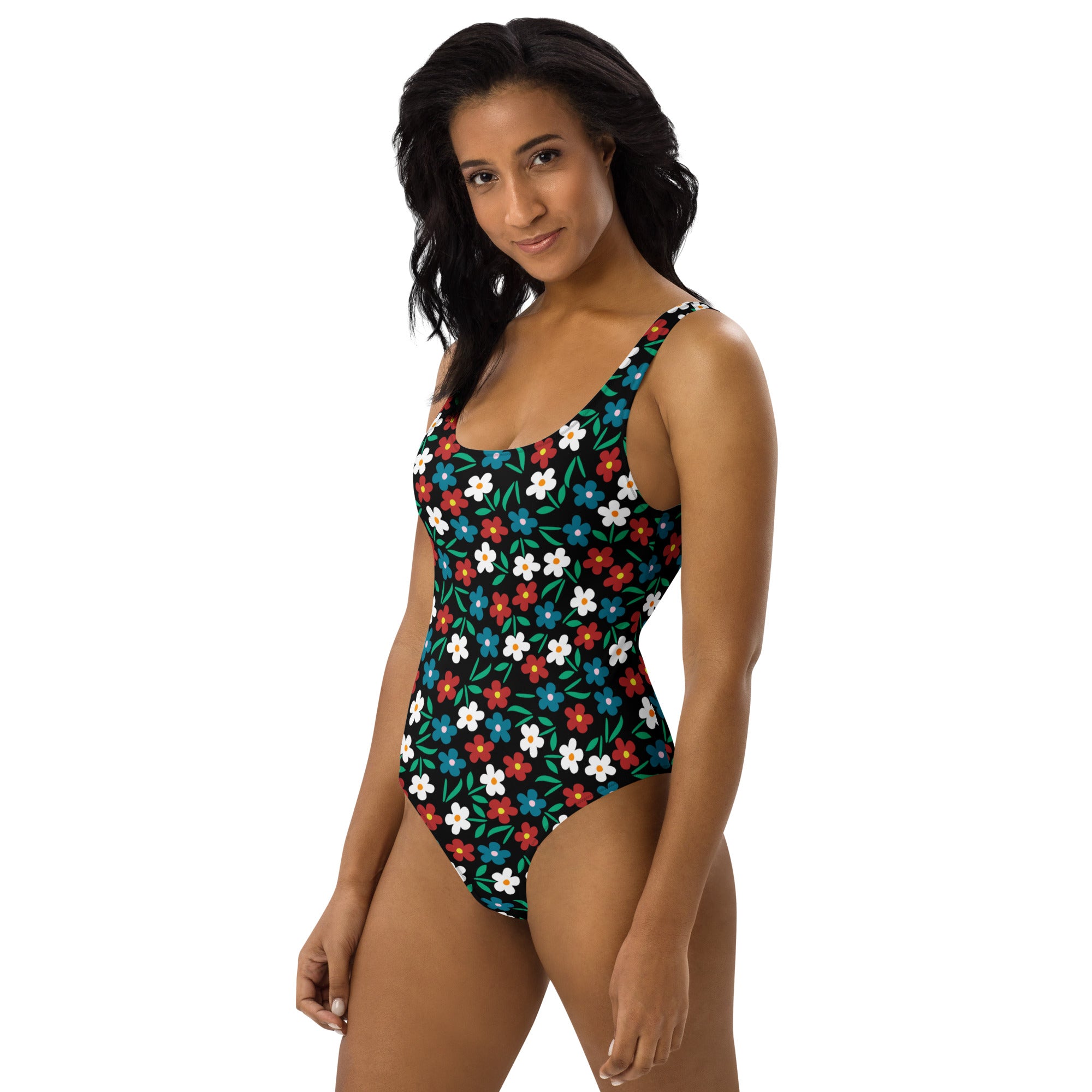 Women's Retro Colorful Floral Daisy Buttery Soft Swimsuit With UPF 50+