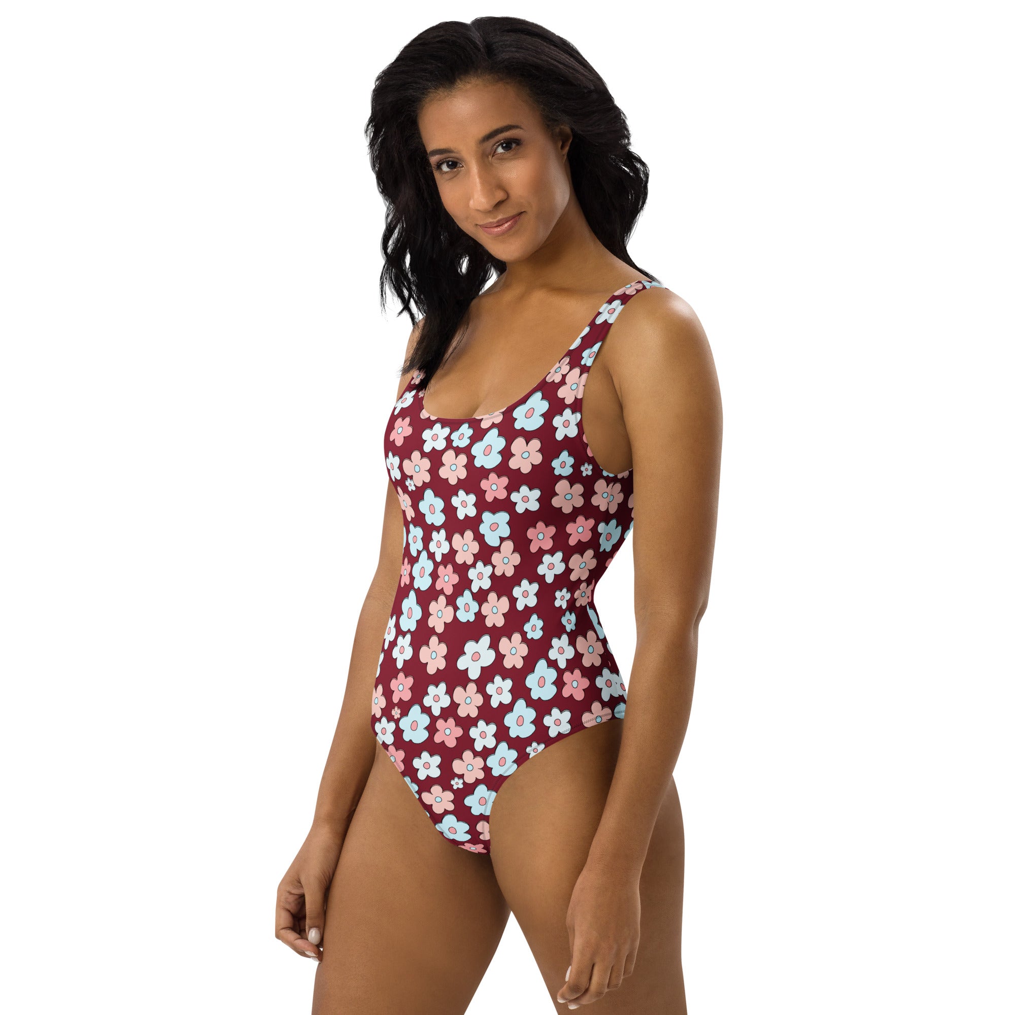 Women's Burgundy Retro Flower Buttery Soft Swimsuit With UPF 50+