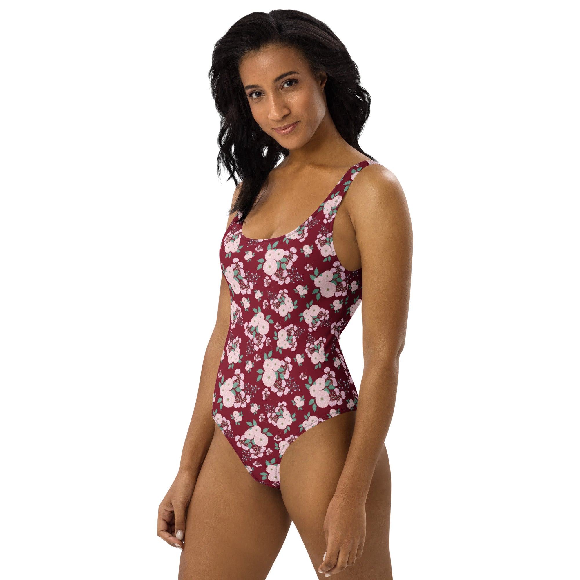 Women's Burgundy Floral Buttery Soft Swimsuit With UPF 50+