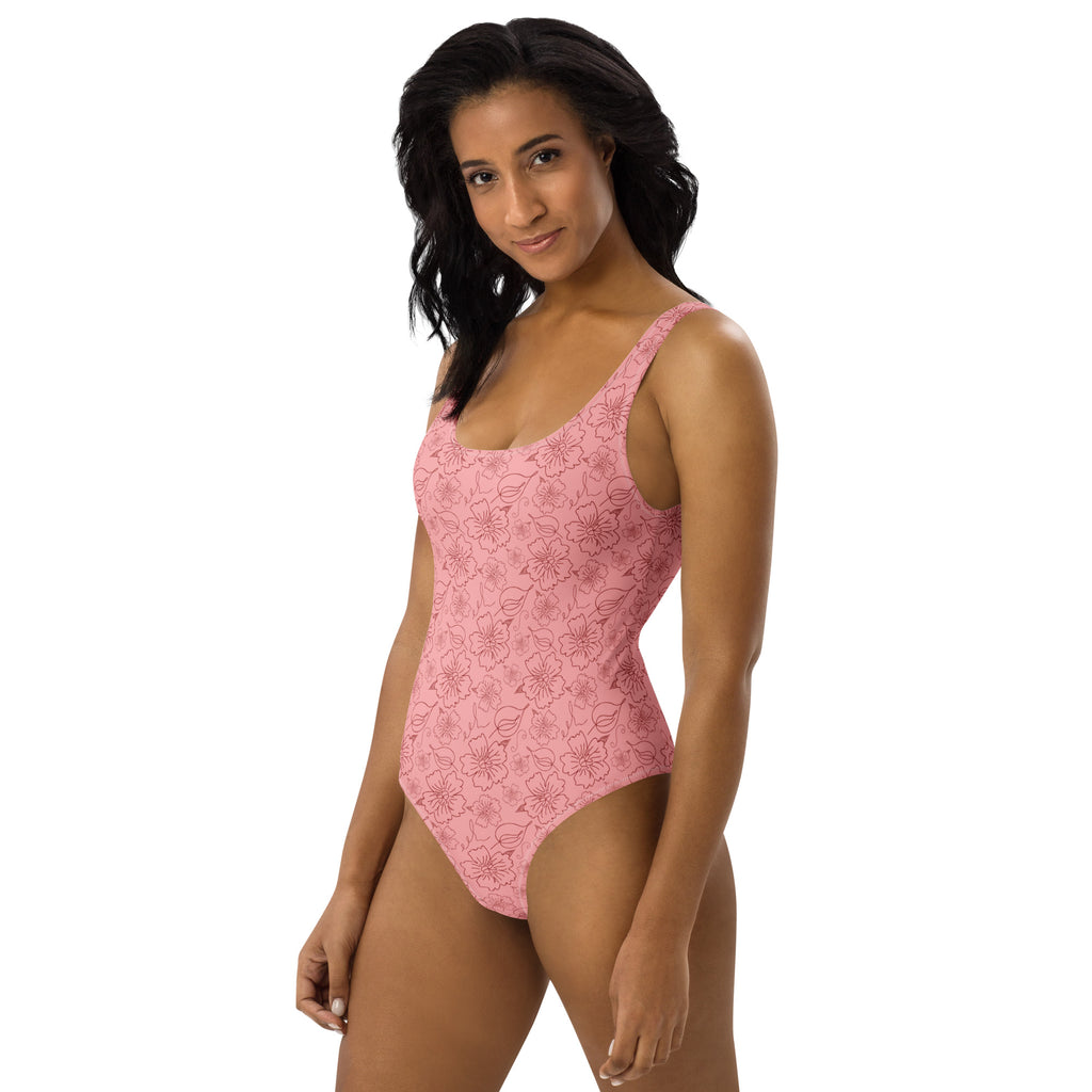 Women's Pink Floral Outline Buttery Soft Swimsuit With UPF 50+