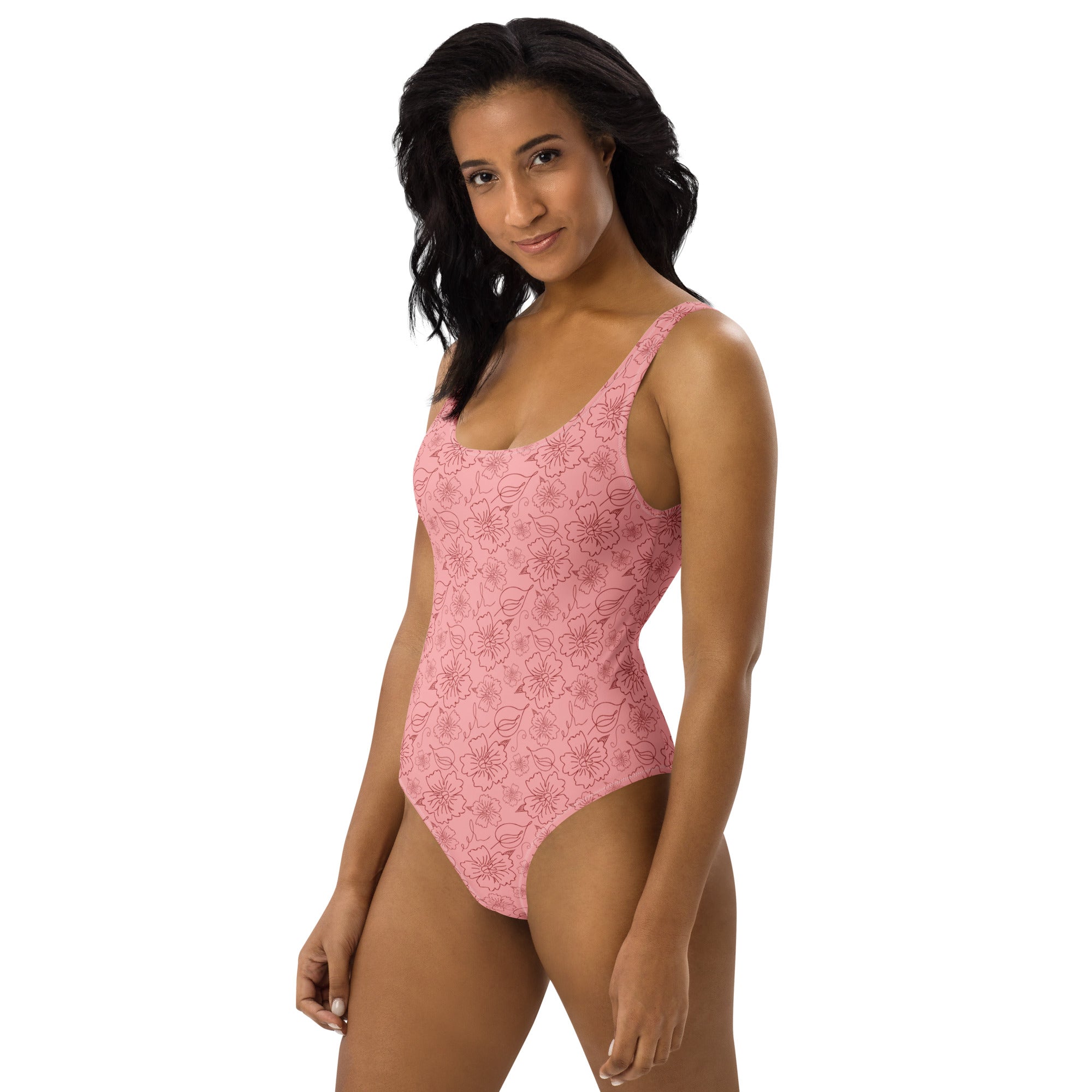 Women's Pink Floral Outline Buttery Soft Swimsuit With UPF 50+