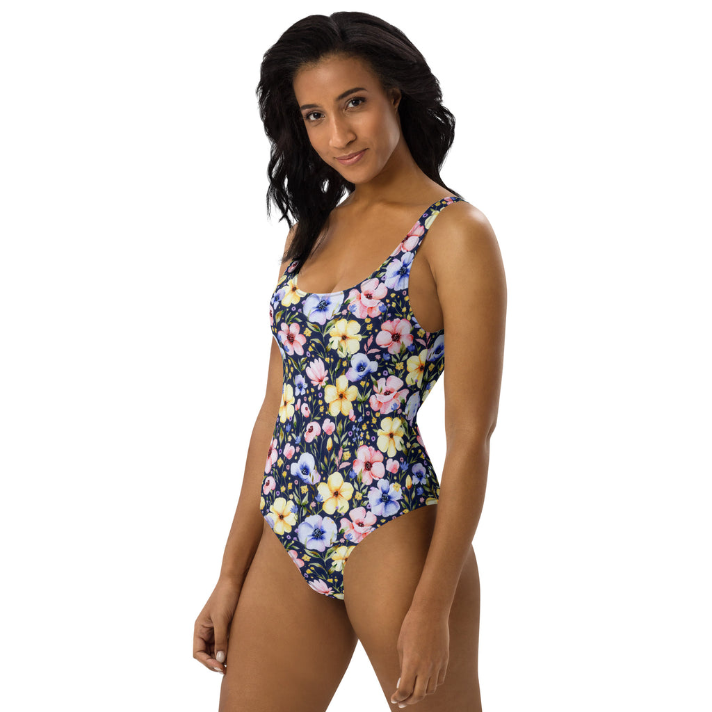 Women's Navy Watercolor Floral Buttery Soft Swimsuit With UPF 50+