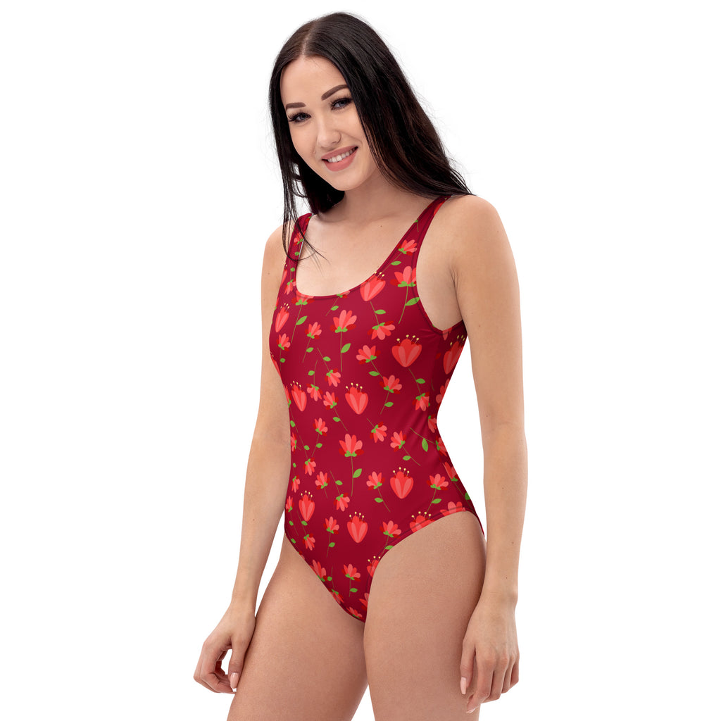 Women's Red Retro Flower Buttery Soft Swimsuit With UPF 50+