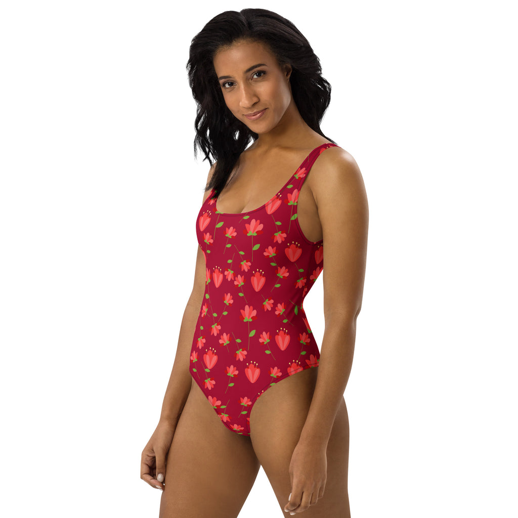 Women's Red Retro Flower Buttery Soft Swimsuit With UPF 50+