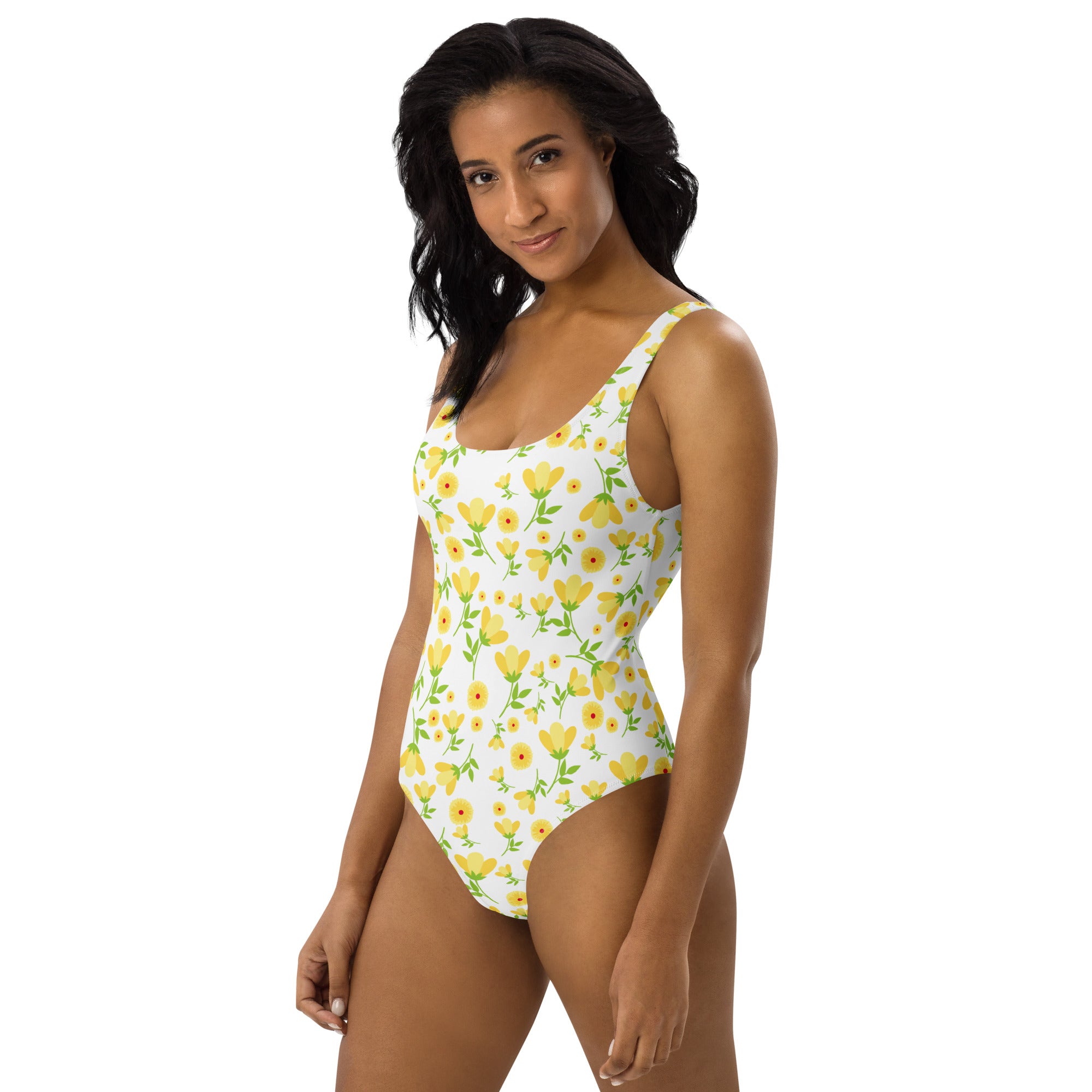 Women's Yellow Retro Flower Buttery Soft Swimsuit With UPF 50+