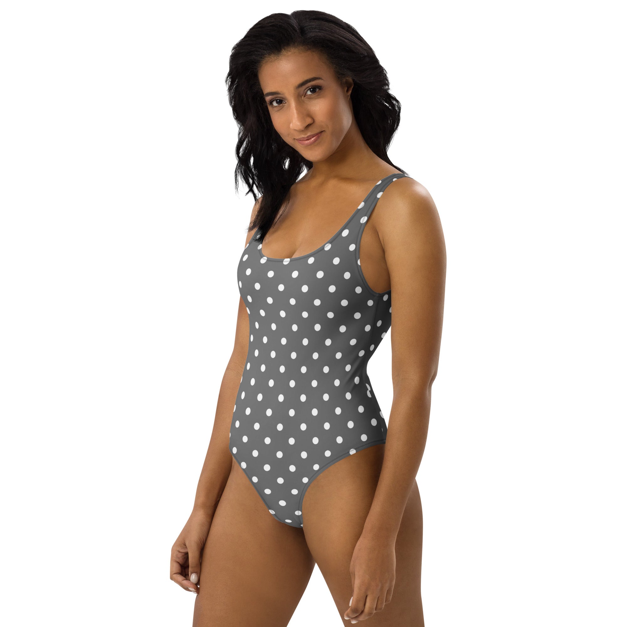 Women's Gray Polka Dot Buttery Soft Swimsuit With UPF 50+