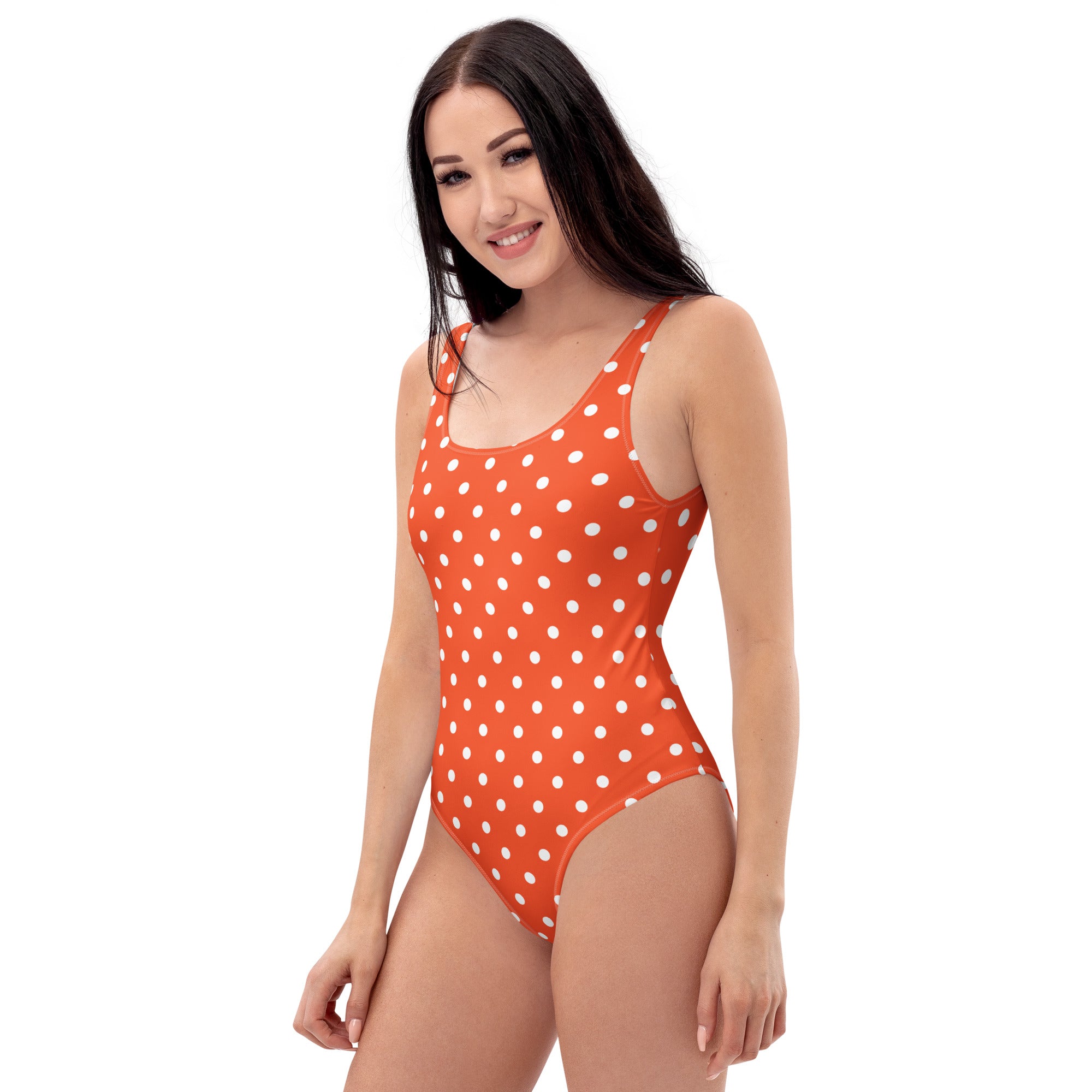 Women's Bright Orange Polka Dot Buttery Soft Swimsuit With UPF 50+