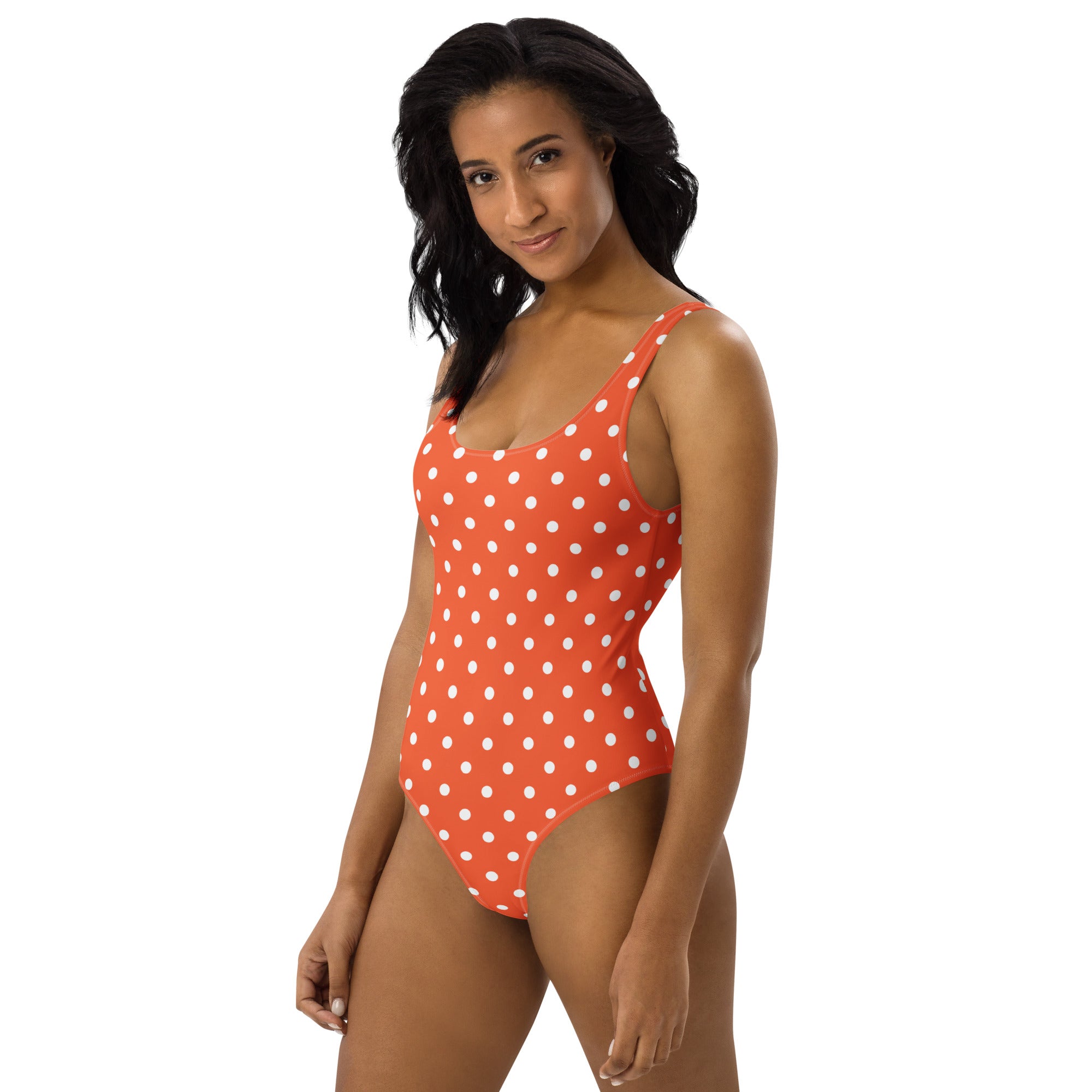Women's Bright Orange Polka Dot Buttery Soft Swimsuit With UPF 50+