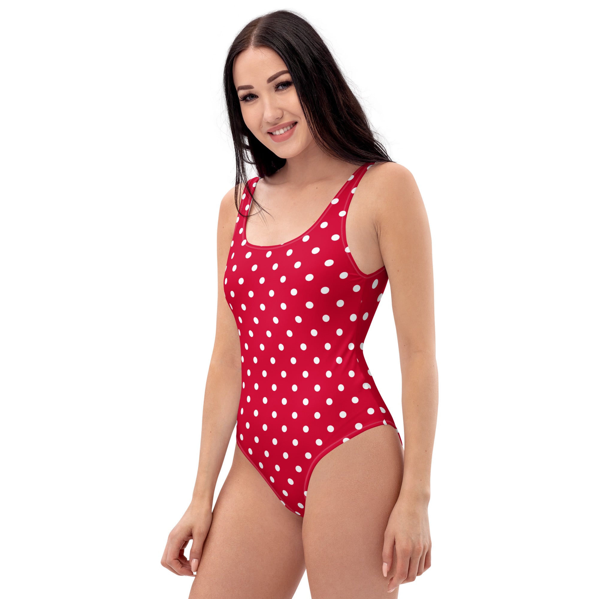Women's Cherry Red Polka Dot Buttery Soft Swimsuit With UPF 50+