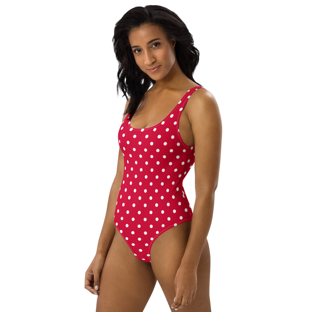 Women's Cherry Red Polka Dot Buttery Soft Swimsuit With UPF 50+