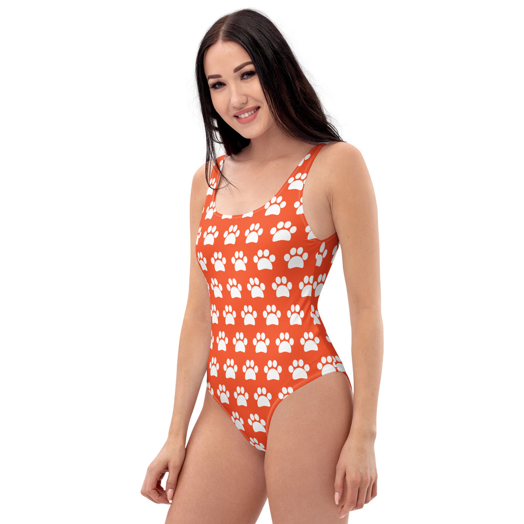 Women's Bright Orange Paw Print Buttery Soft Swimsuit With UPF 50+