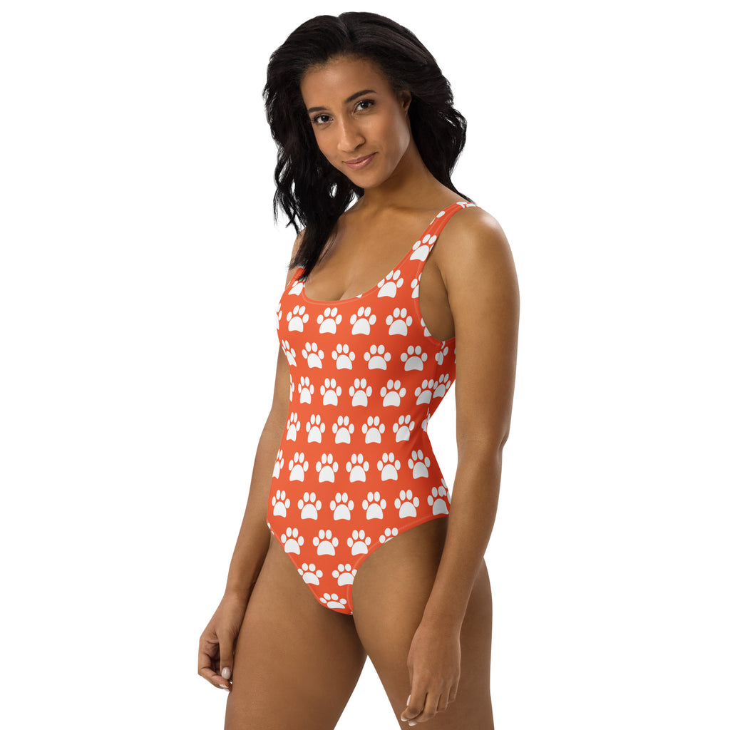 Women's Bright Orange Paw Print Buttery Soft Swimsuit With UPF 50+
