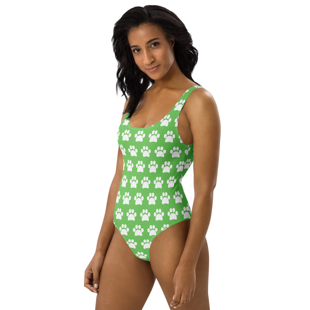 Women's Green Paw Print Buttery Soft Swimsuit With UPF 50+